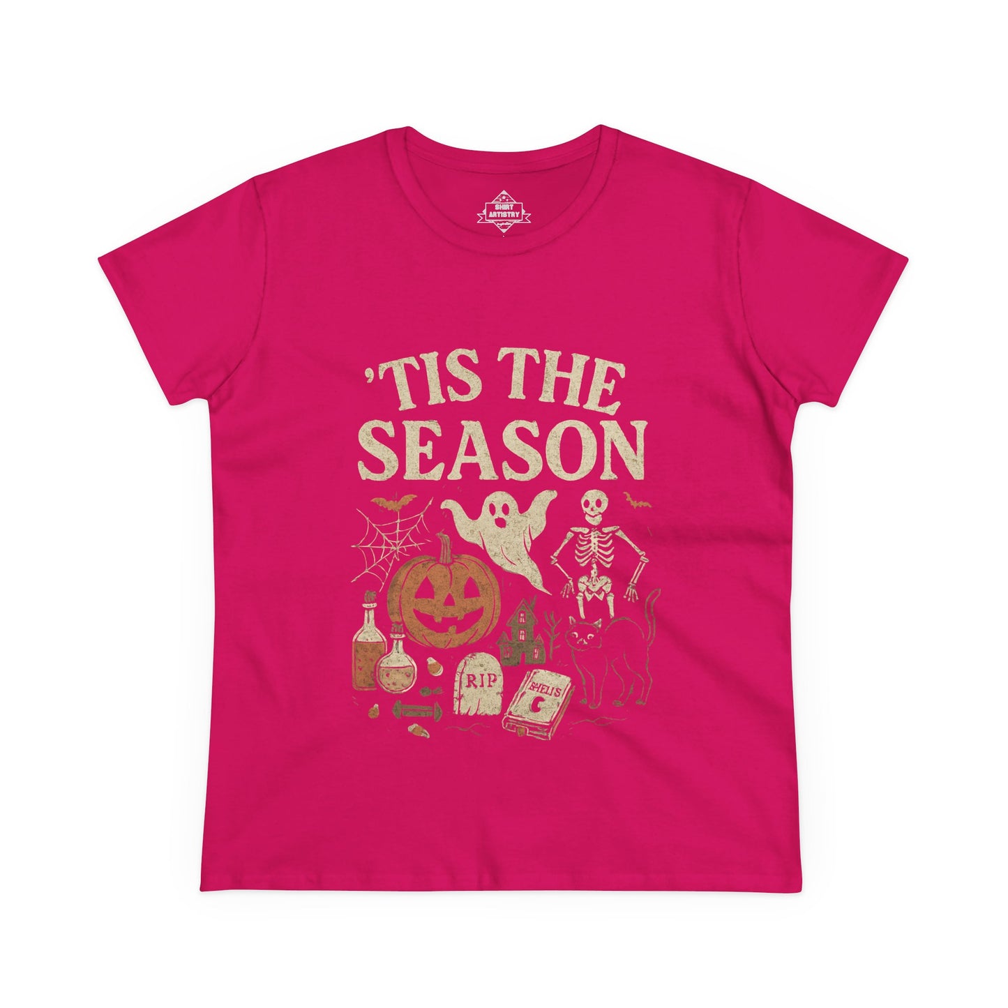‘Tis the Season Halloween T‑Shirt | Vintage Spooky Season Shirt with Ghost, Skeleton & Pumpkin | Retro Halloween Graphic Tee for Fall