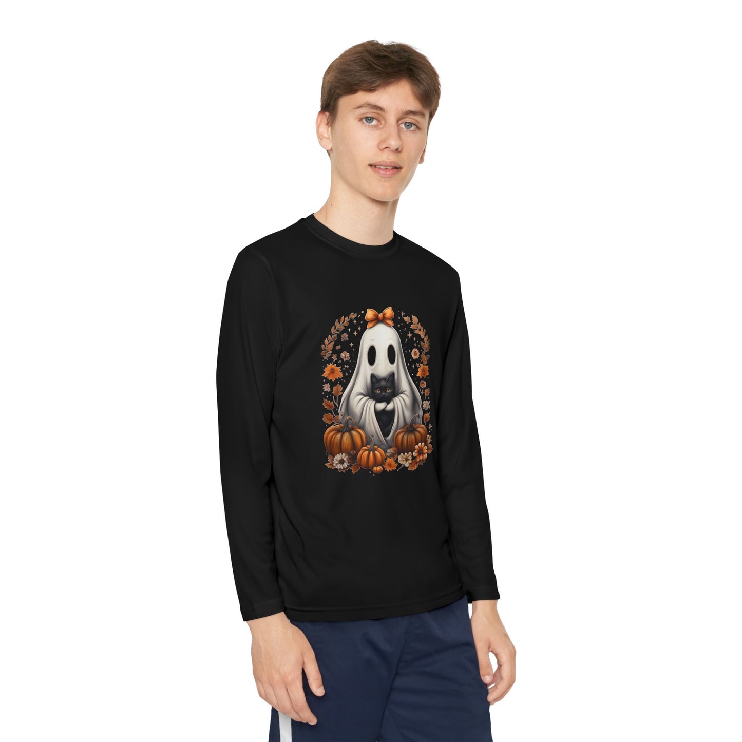 Cute Ghost and Black Cat Halloween T-Shirt | Cozy Fall Pumpkin Shirt | Spooky Season Aesthetic Apparel Gift for Halloween Lovers