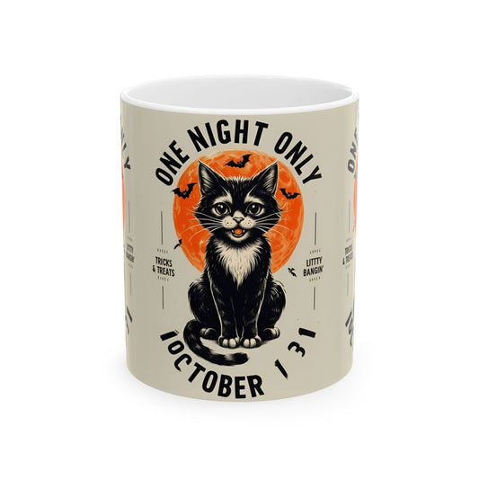 Halloween Black Cat Design | One Night Only October 31 Vintage Artwork Ceramic Mug