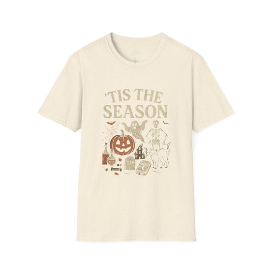 ‘Tis the Season Halloween T‑Shirt | Vintage Spooky Season Shirt with Ghost, Skeleton & Pumpkin | Retro Halloween Graphic Tee for Fall