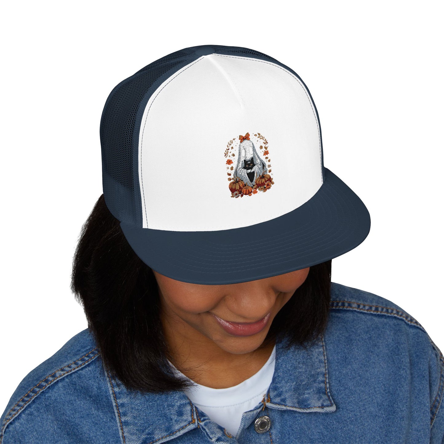 Cute Ghost and Black Cat Halloween T-Shirt | Cozy Fall Pumpkin Shirt | Spooky Season Aesthetic Apparel Gift for Halloween Lovers 5 Panel Trucker