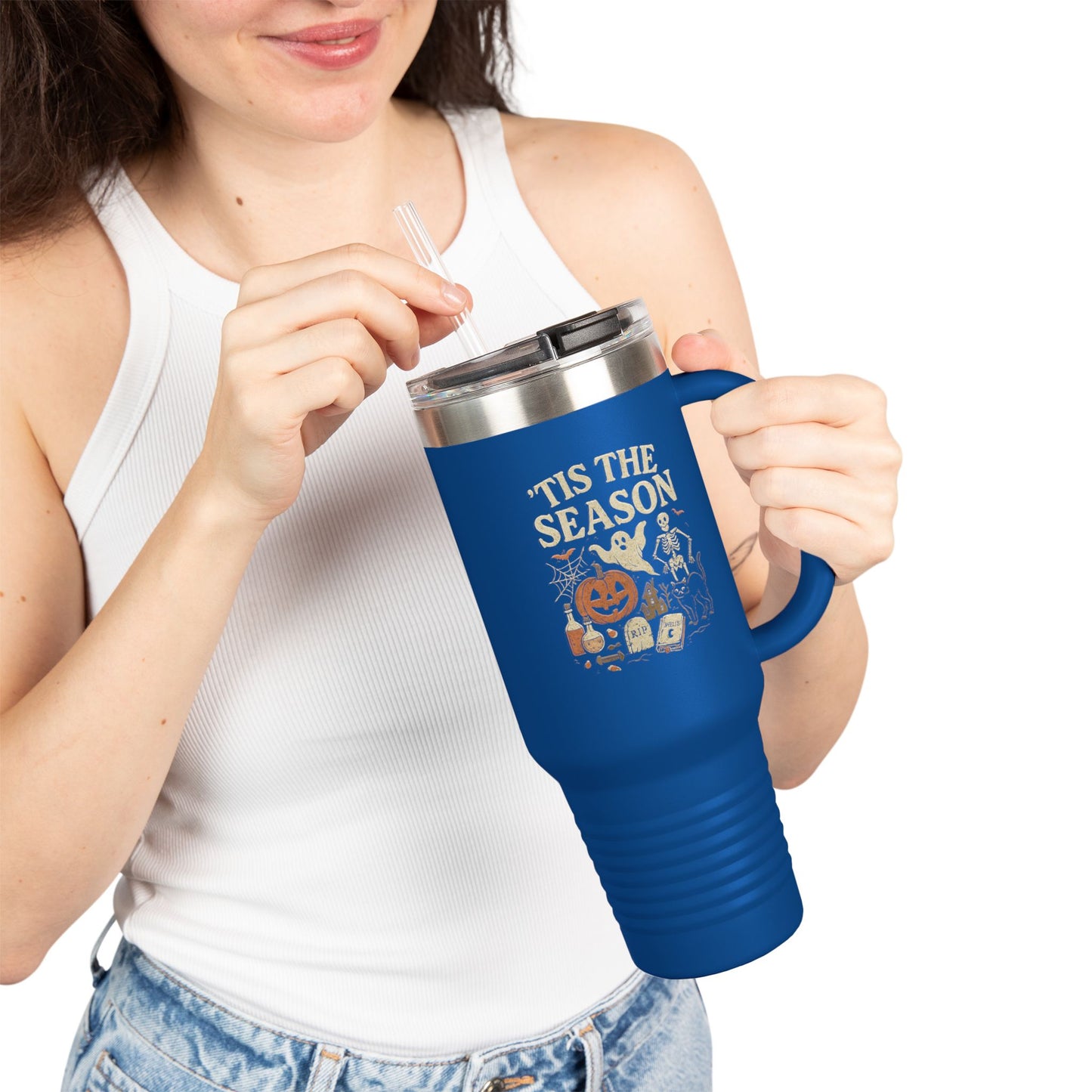 ‘Tis the Season Halloween Design | Vintage Spooky Season Ghost & Skeleton Artwork | Retro Halloween Apparel & Gift Idea Travel Mug