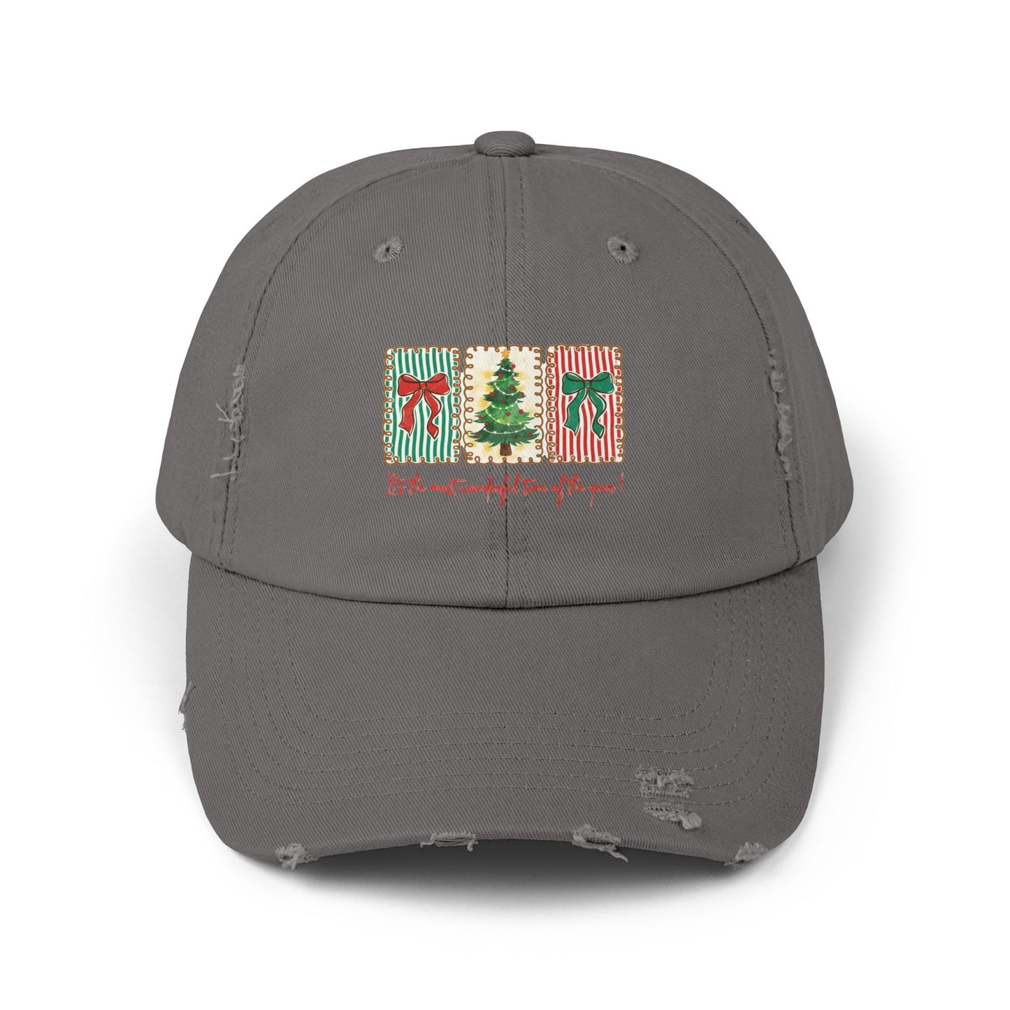 Festive Christmas Tree & Bow Design | It’s the Most Wonderful Time of the Year – Holiday Shirt, Mug, Tote & Home Decor Distressed cap