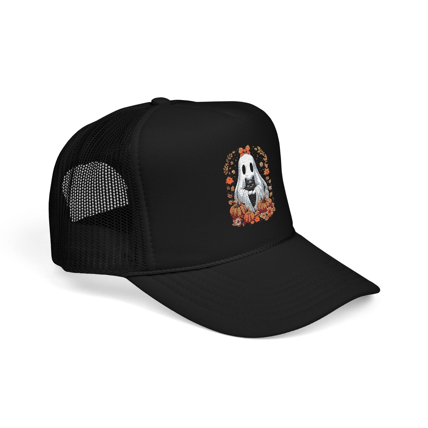Cute Ghost and Black Cat Halloween T-Shirt | Cozy Fall Pumpkin Shirt | Spooky Season Aesthetic Apparel Gift for Halloween Lovers Trucker Hat Embroidered
