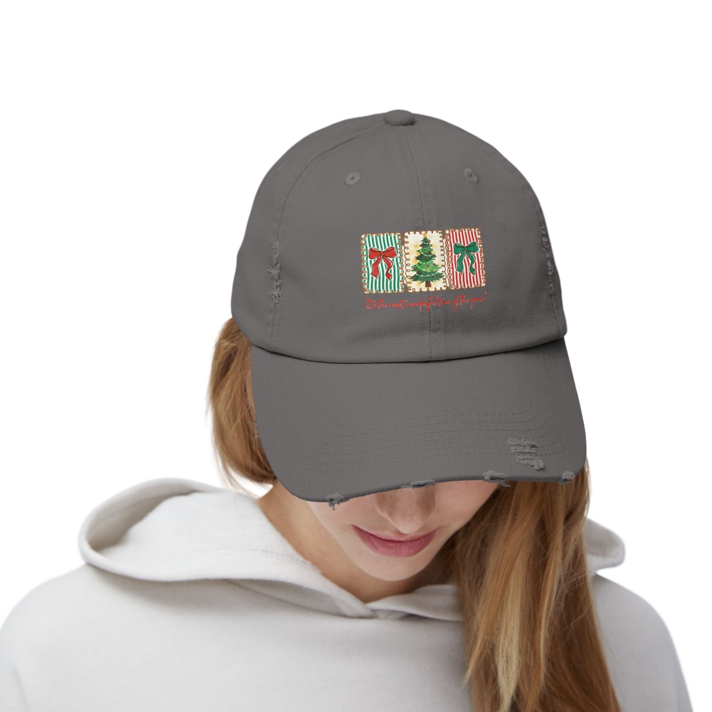 Festive Christmas Tree & Bow Design | It’s the Most Wonderful Time of the Year – Holiday Shirt, Mug, Tote & Home Decor Distressed cap