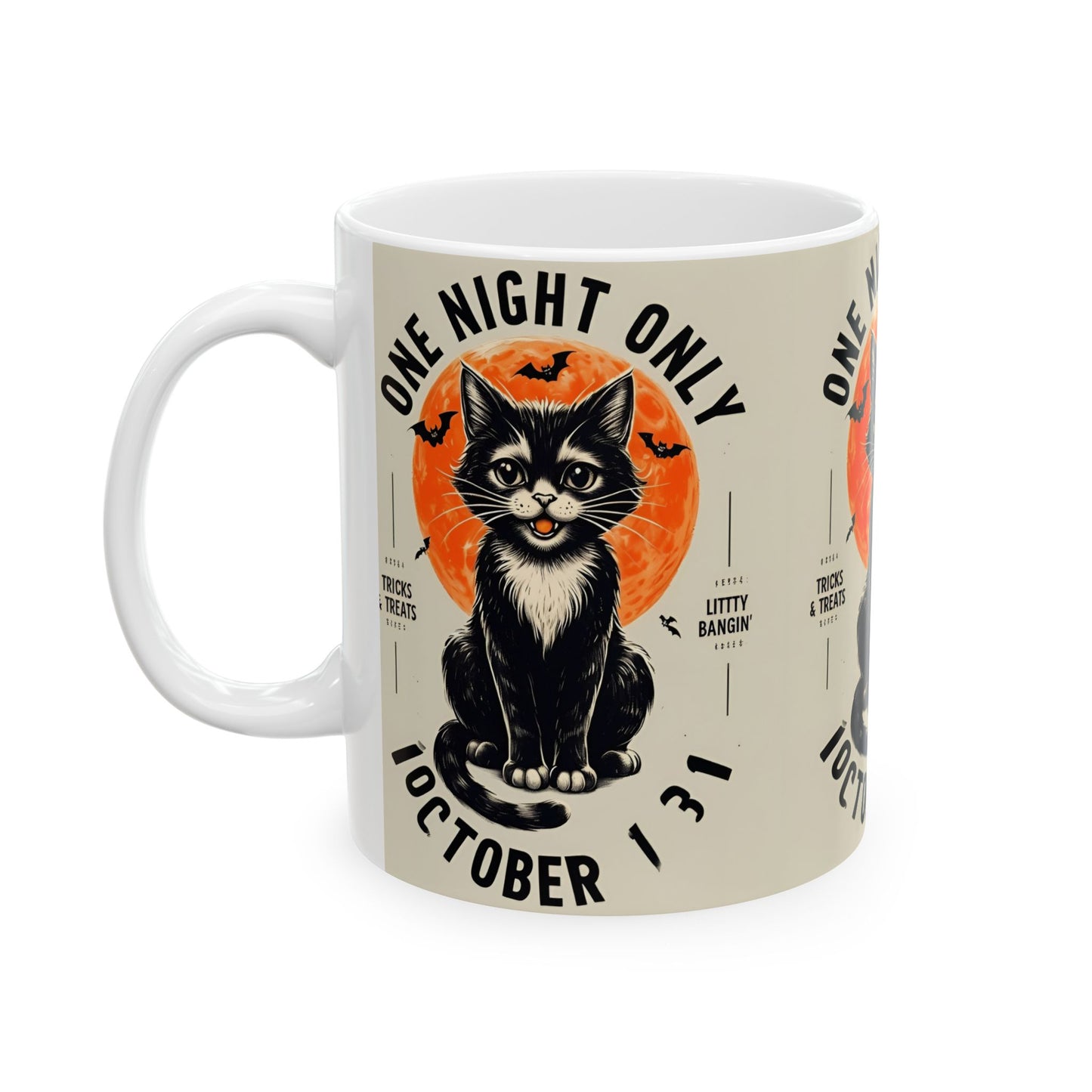 Halloween Black Cat Design | One Night Only October 31 Vintage Artwork Ceramic Mug