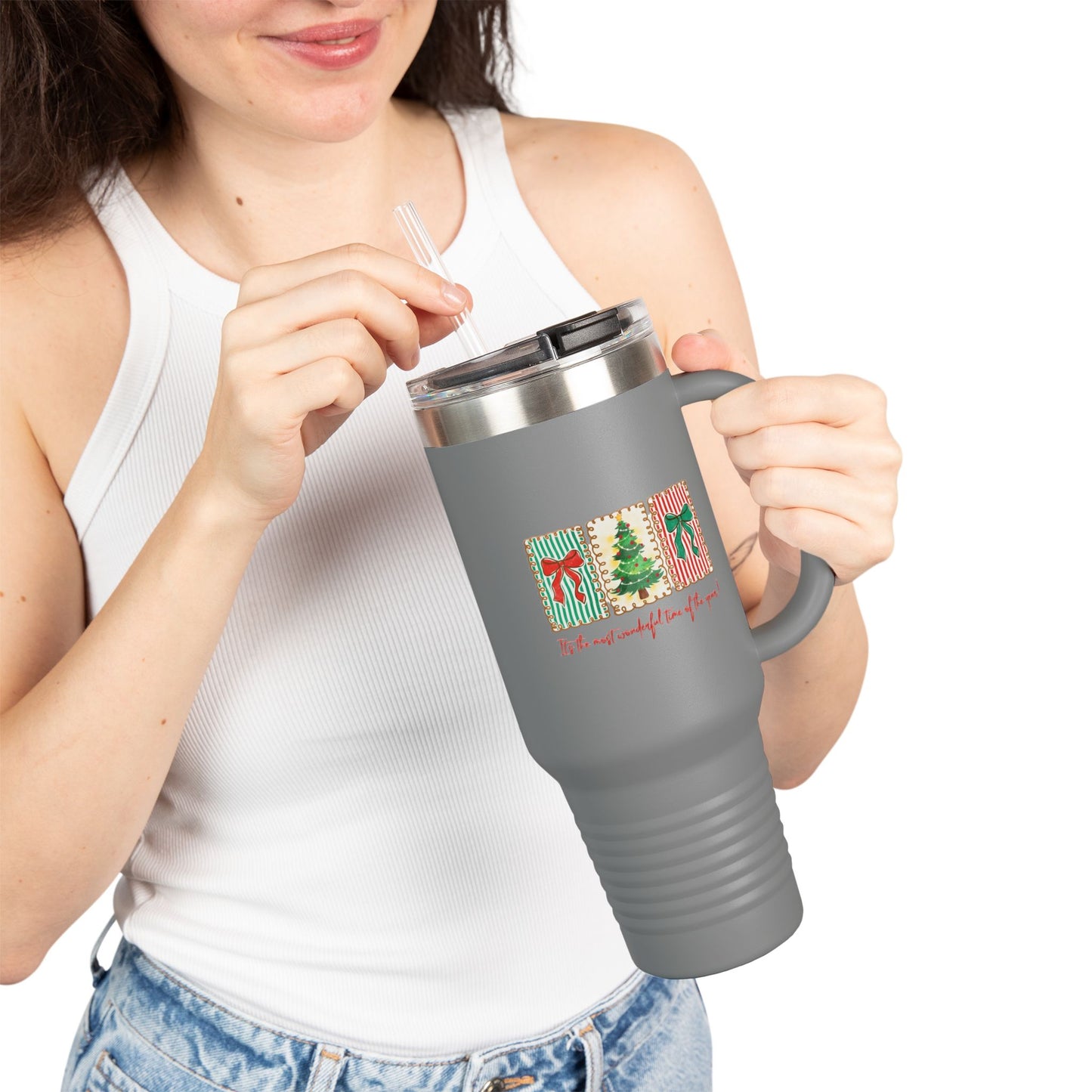 Festive Christmas Tree & Bow Design | It’s the Most Wonderful Time of the Year – Holiday Shirt, Mug, Tote & Home Decor Travel Mug