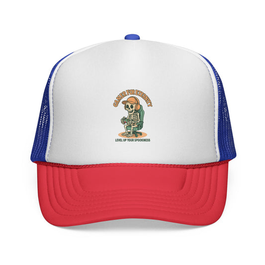 Retro Skeleton Trucker Cap, Vintage Style Hat for Outdoor Adventures, Trendy Gift for Adventurers, Fun Festival Accessory , Trucker Hat printed
