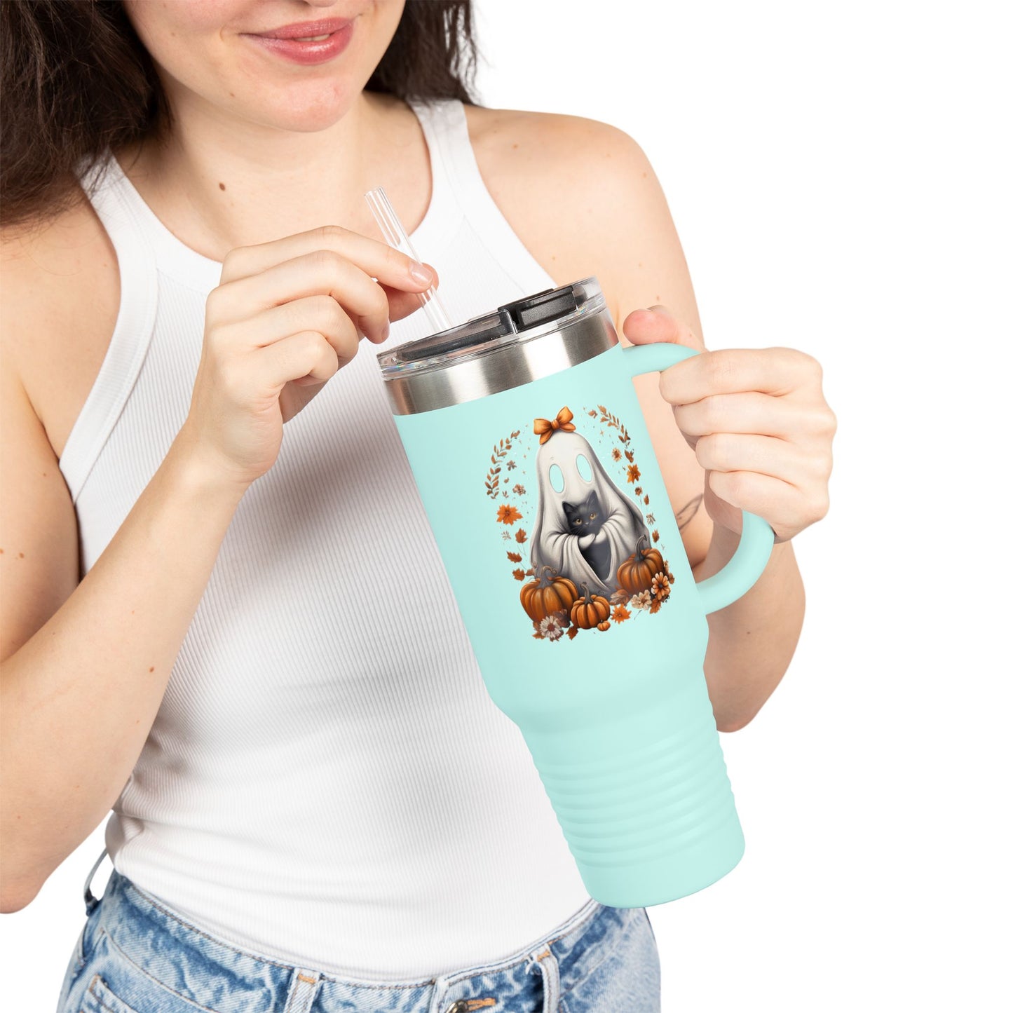 Cute Halloween Ghost T-Shirt | Trendy Witch Ghost Outfit | Spooky Fall Shirt for Women | Pumpkin Aesthetic Halloween Apparel Gift  Travel Mug