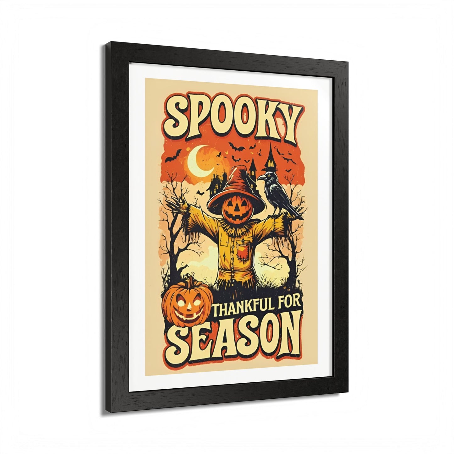 Spooky Thankful for the Season Wall Art – Halloween Pumpkin Scarecrow Poster | Autumn Fall Décor Framed Print