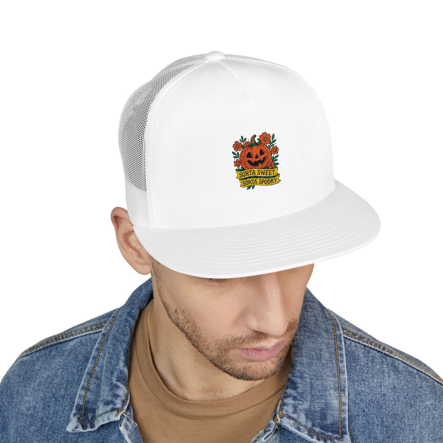 Cute Pumpkin Design – Sorta Sweet, Sorta Spooky Halloween Artwork 5 Panel Trucker