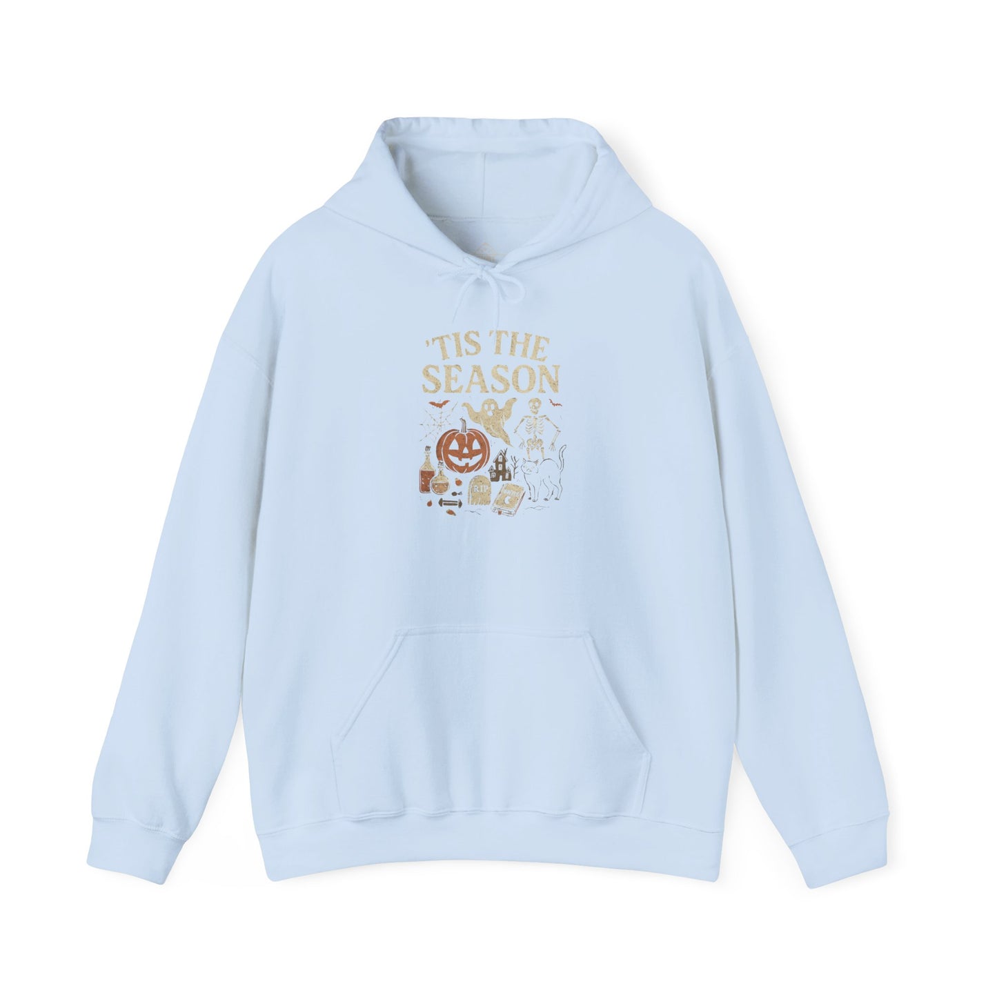 ‘Tis the Season Halloween T‑Shirt | Vintage Spooky Season Shirt with Ghost, Skeleton & Pumpkin | Retro Halloween Graphic Tee for Fall