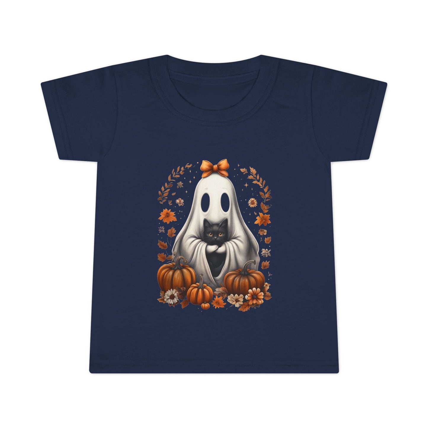 Cute Ghost and Black Cat Halloween T-Shirt | Cozy Fall Pumpkin Shirt | Spooky Season Aesthetic Apparel Gift for Halloween Lovers Toddler T-Shirt