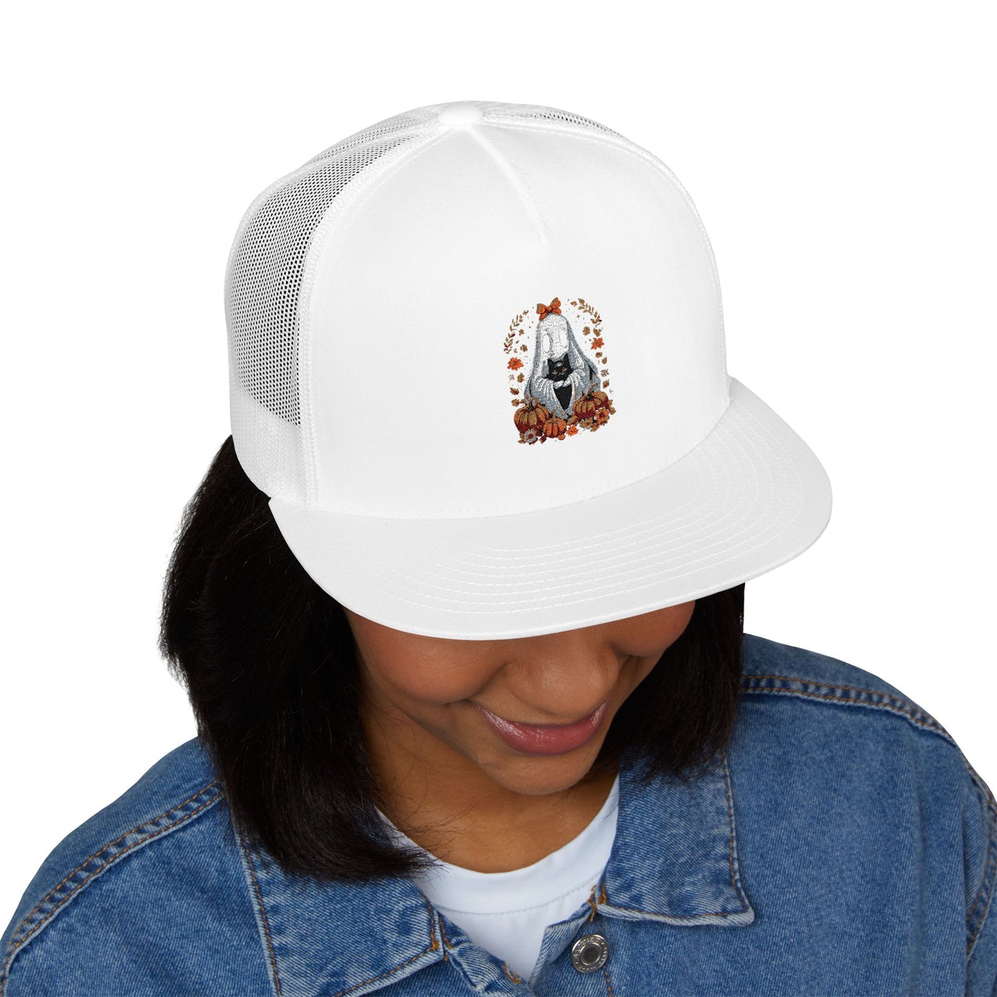 Cute Ghost and Black Cat Halloween T-Shirt | Cozy Fall Pumpkin Shirt | Spooky Season Aesthetic Apparel Gift for Halloween Lovers 5 Panel Trucker