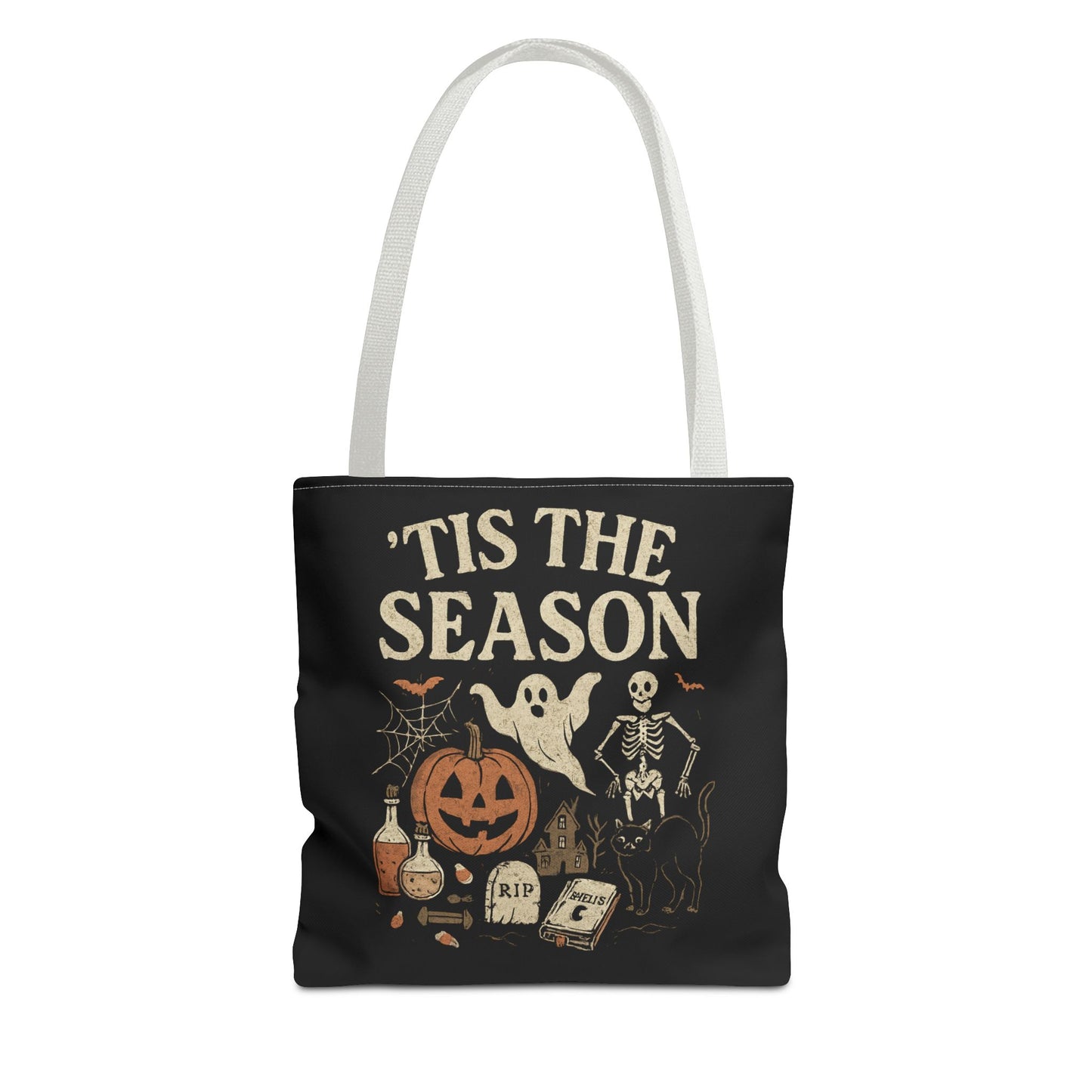 'Tis the Season Halloween Tote Bag, Spooky Bag, Trick or Treat Bag, Autumn Accessories, Ghost & Pumpkin Design Tote Bags