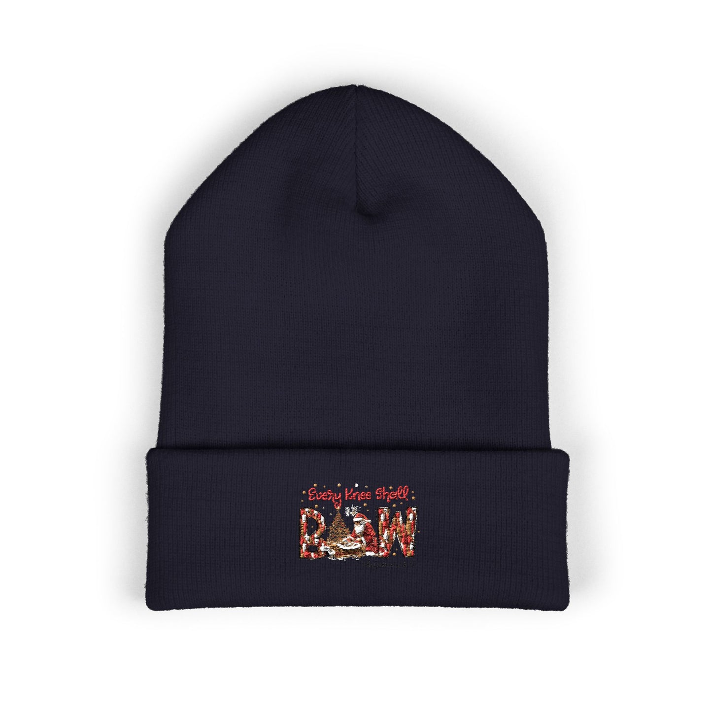 Every Knee Shall Bow Philippians 2:10 | Christian Christmas Design with Santa & Baby Jesus | Faith-Based Holiday Gift Cuffed Beanie