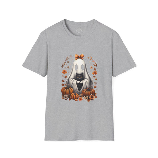 Cute Ghost and Black Cat Halloween Art | Cozy Pumpkin Fall Aesthetic Design | Spooky Cute Autumn Illustration
