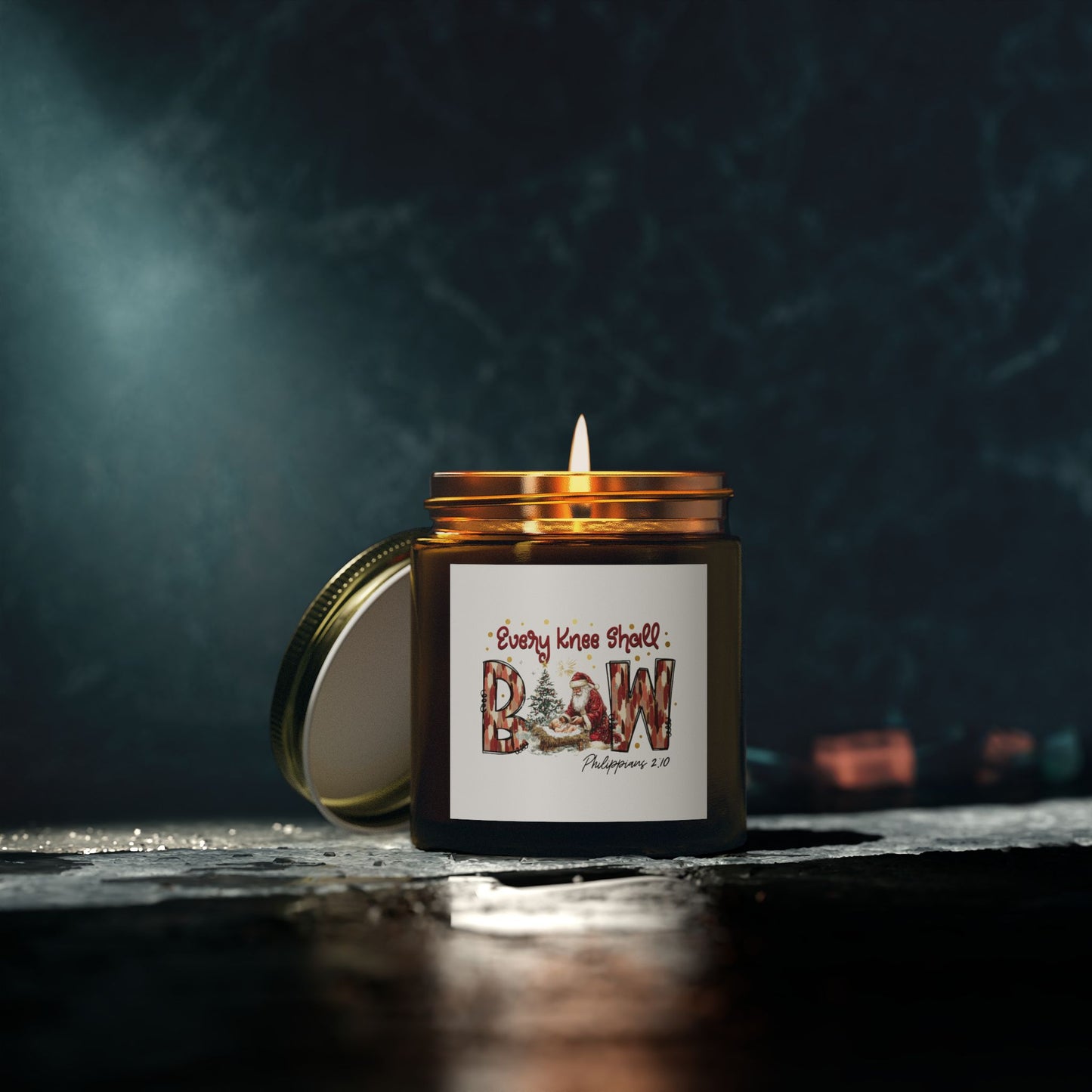 Every Knee Shall Bow Philippians 2:10 | Christian Christmas Design with Santa & Baby Jesus | Faith-Based Holiday Gift Candle