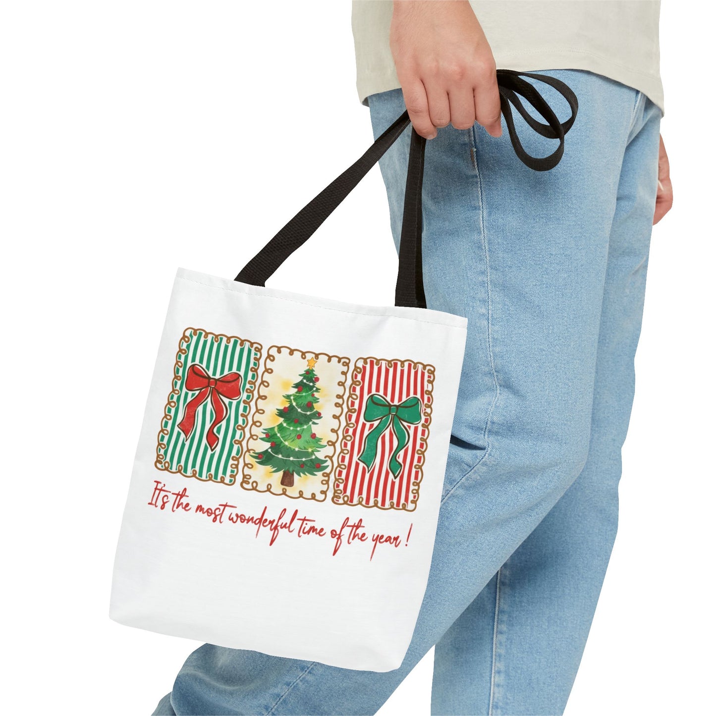 Festive Christmas Tree & Bow Design | It’s the Most Wonderful Time of the Year – Holiday Shirt, Mug, Tote & Home Decor Tote Bags