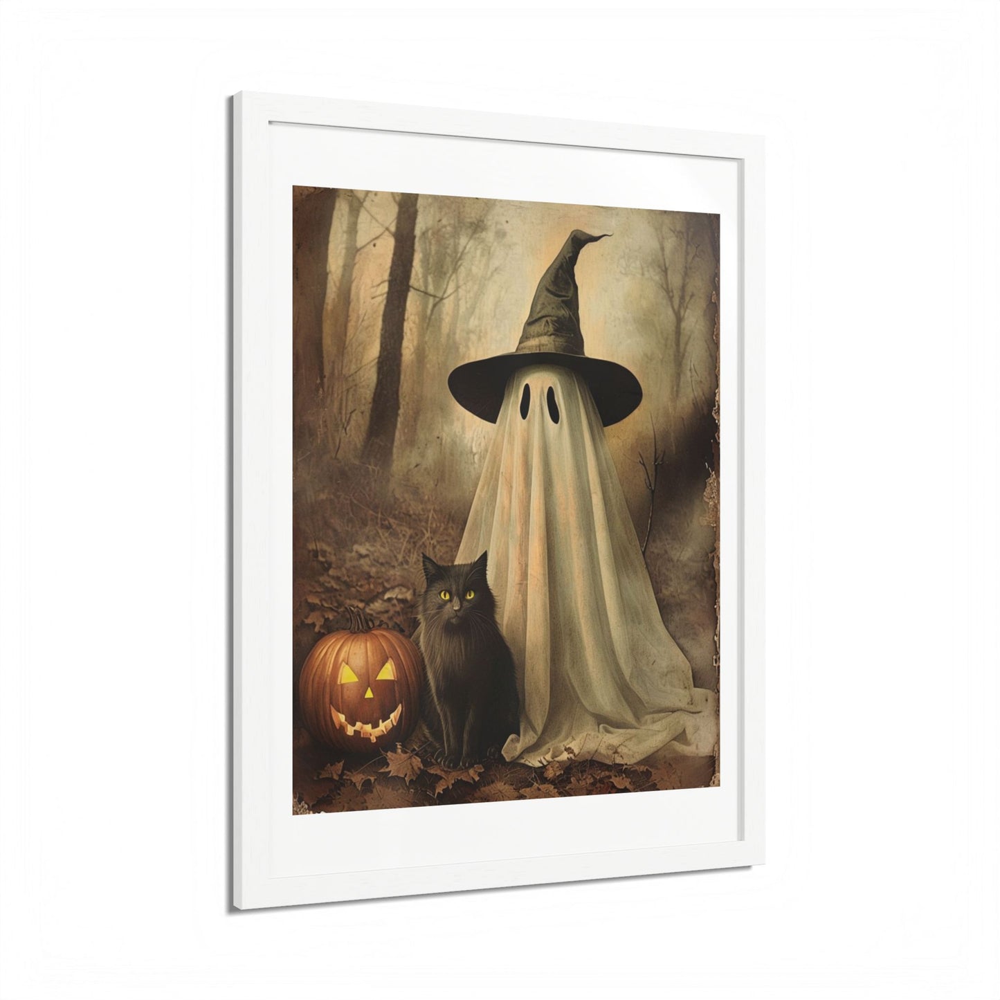 Halloween Framed Poster, Ghost and Cat Art, Spooky Home Decor, Fall Decoration, Trick or Treat, Halloween Wall Art, Framed Print
