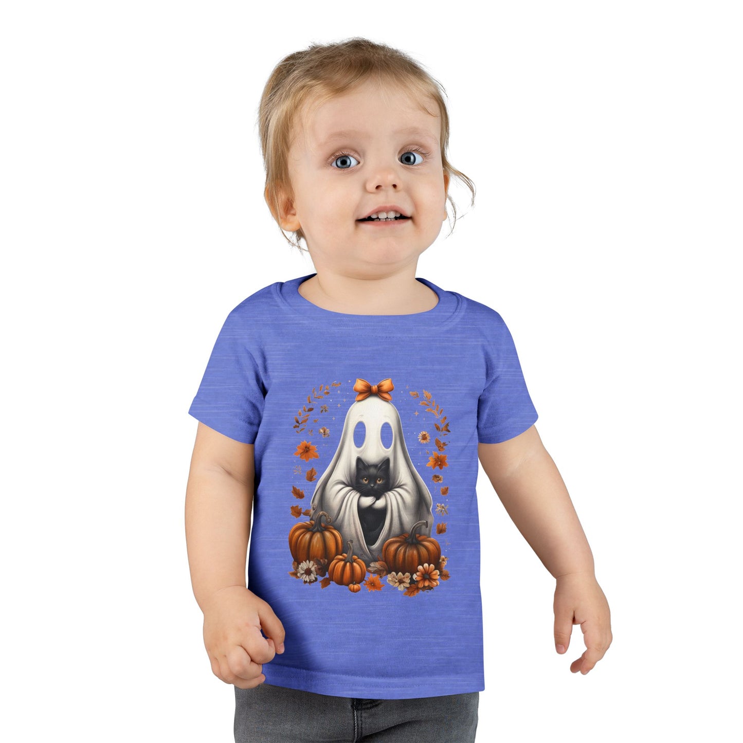 Cute Ghost and Black Cat Halloween T-Shirt | Cozy Fall Pumpkin Shirt | Spooky Season Aesthetic Apparel Gift for Halloween Lovers Toddler T-Shirt
