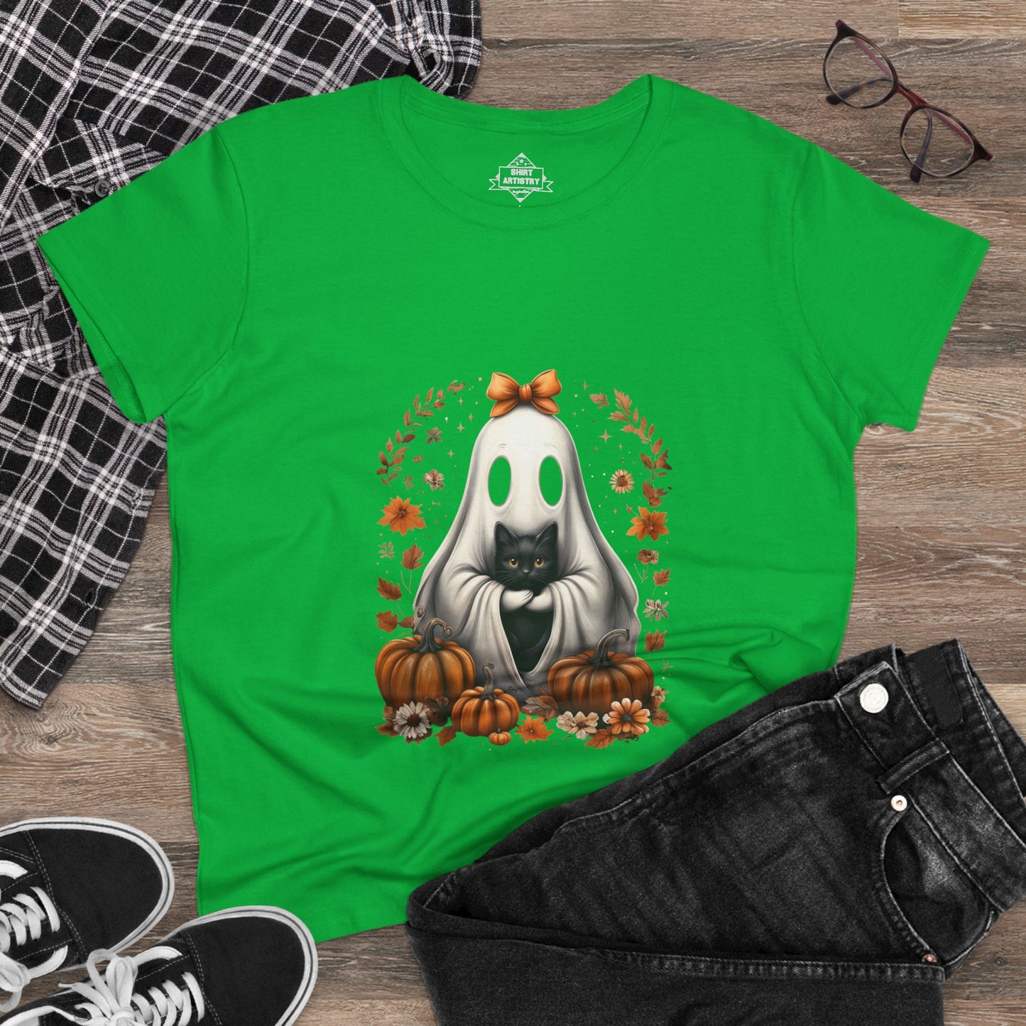 Cute Ghost and Black Cat Halloween T-Shirt | Cozy Fall Pumpkin Shirt | Spooky Season Aesthetic Apparel Gift for Halloween Lovers