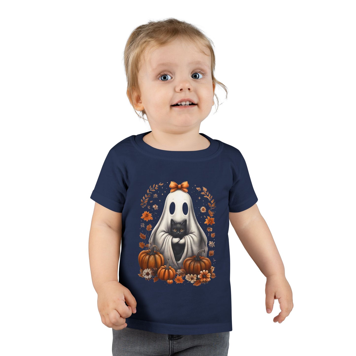 Cute Ghost and Black Cat Halloween T-Shirt | Cozy Fall Pumpkin Shirt | Spooky Season Aesthetic Apparel Gift for Halloween Lovers Toddler T-Shirt