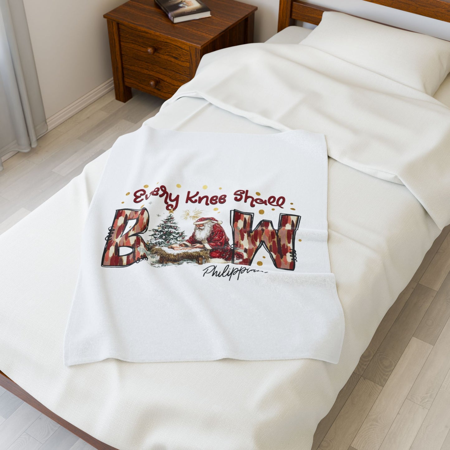 Every Knee Shall Bow Philippians 2:10 | Christian Christmas Design with Santa & Baby Jesus | Faith-Based Holiday Gift Blanket