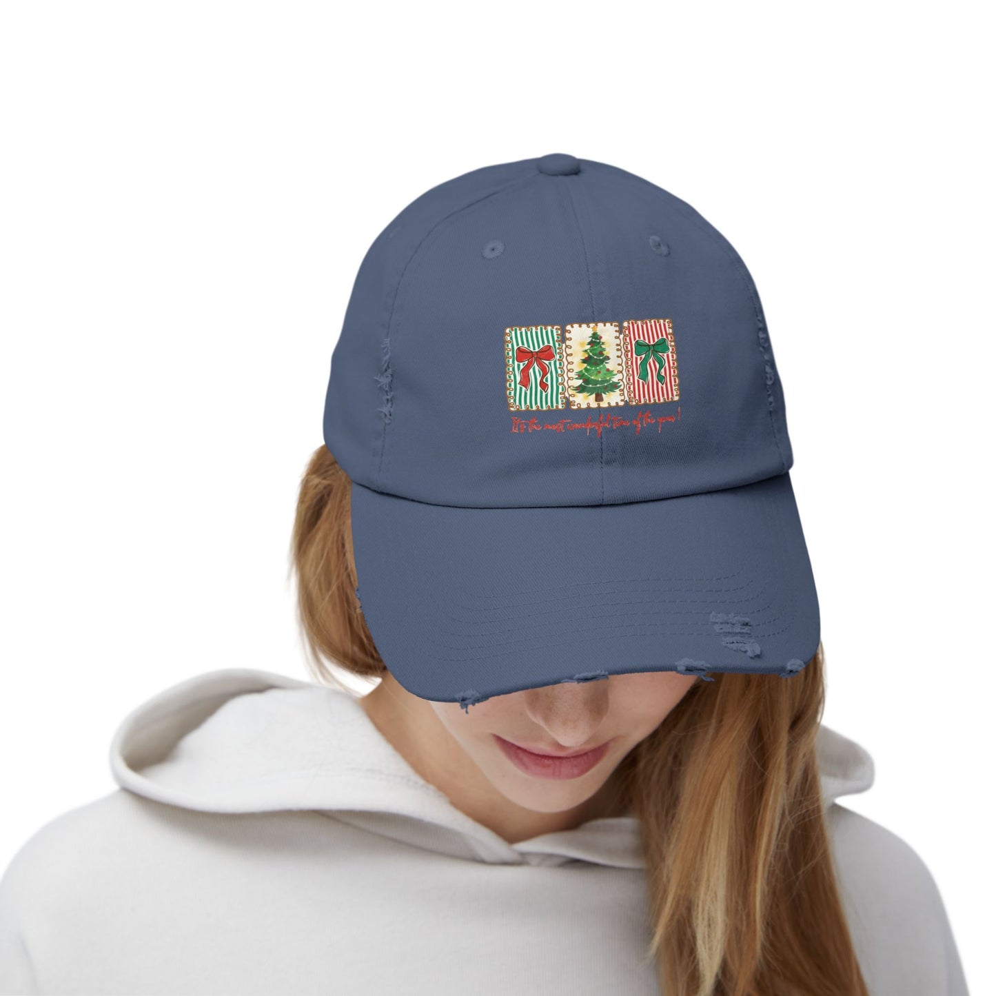 Festive Christmas Tree & Bow Design | It’s the Most Wonderful Time of the Year – Holiday Shirt, Mug, Tote & Home Decor Distressed cap