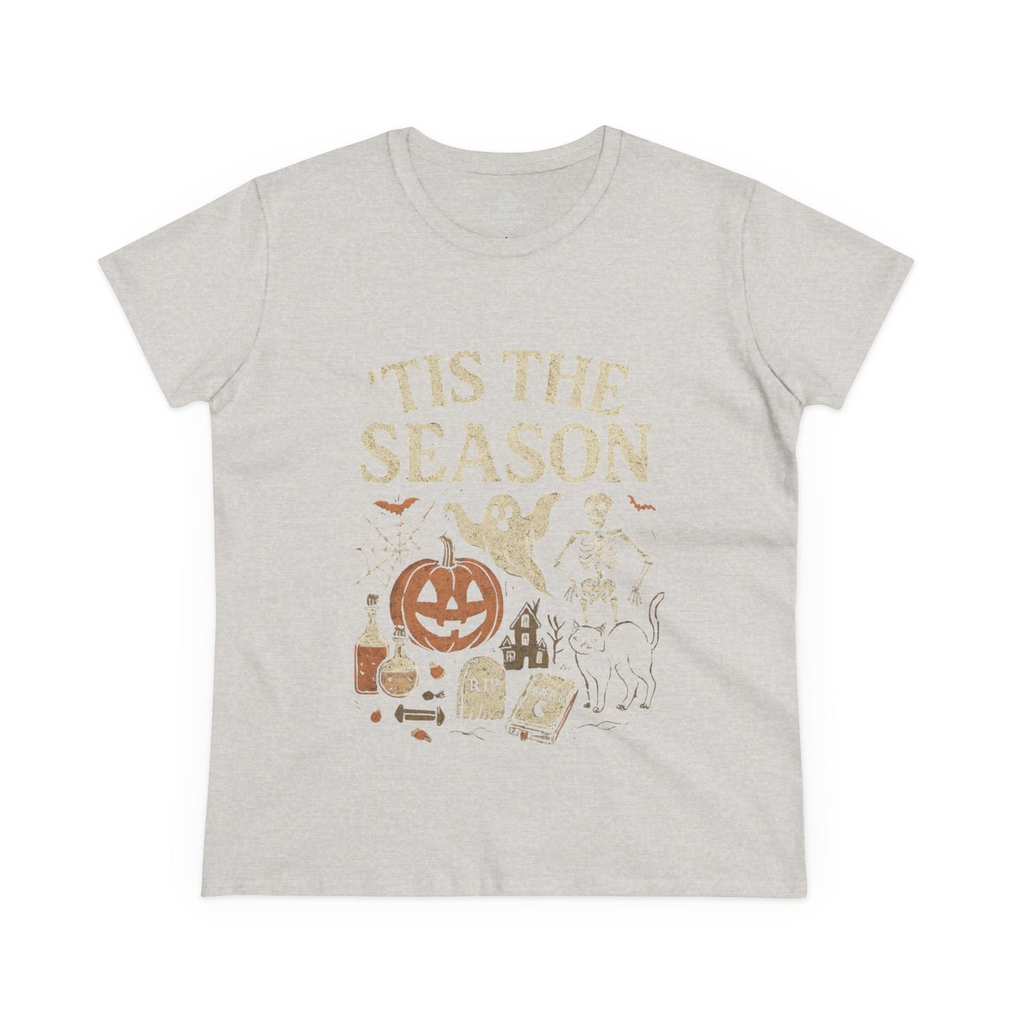 ‘Tis the Season Halloween T‑Shirt | Vintage Spooky Season Shirt with Ghost, Skeleton & Pumpkin | Retro Halloween Graphic Tee for Fall