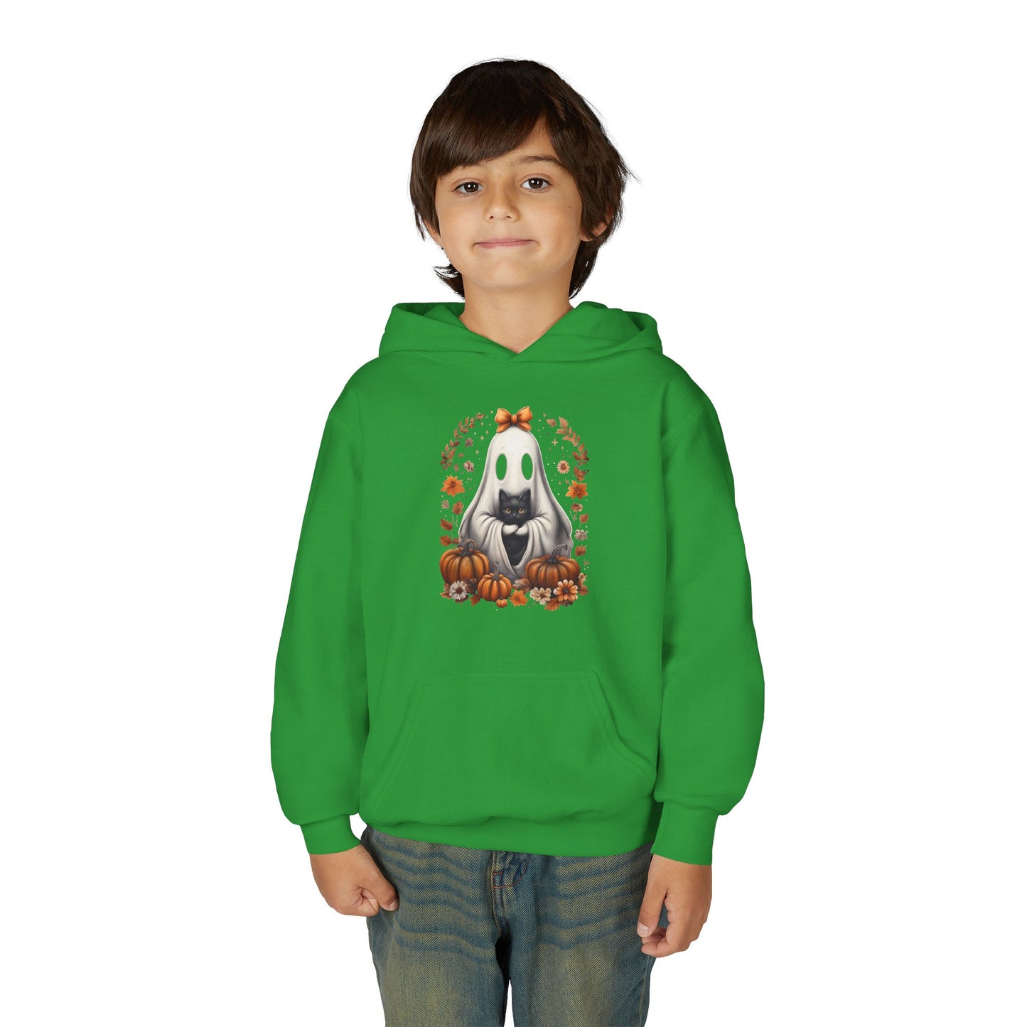 Cute Ghost and Black Cat Halloween T-Shirt | Cozy Fall Pumpkin Shirt | Spooky Season Aesthetic Apparel Gift for Halloween Lovers Kids Hoodie