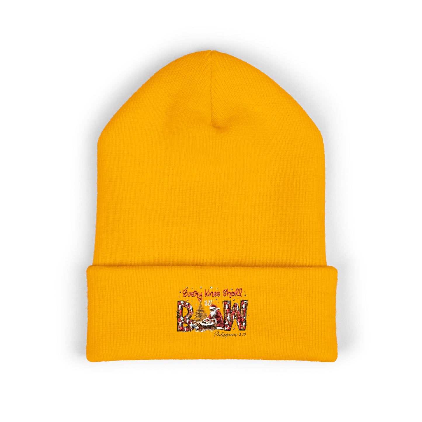 Every Knee Shall Bow Philippians 2:10 | Christian Christmas Design with Santa & Baby Jesus | Faith-Based Holiday Gift Cuffed Beanie