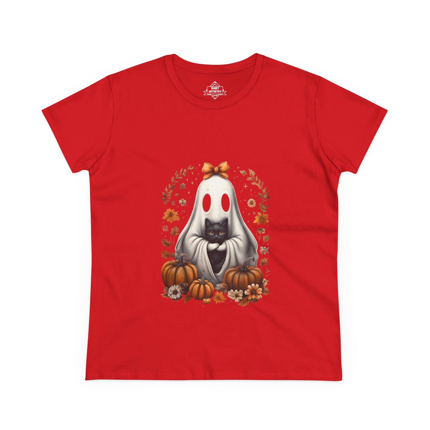 Cute Ghost and Black Cat Halloween T-Shirt | Cozy Fall Pumpkin Shirt | Spooky Season Aesthetic Apparel Gift for Halloween Lovers
