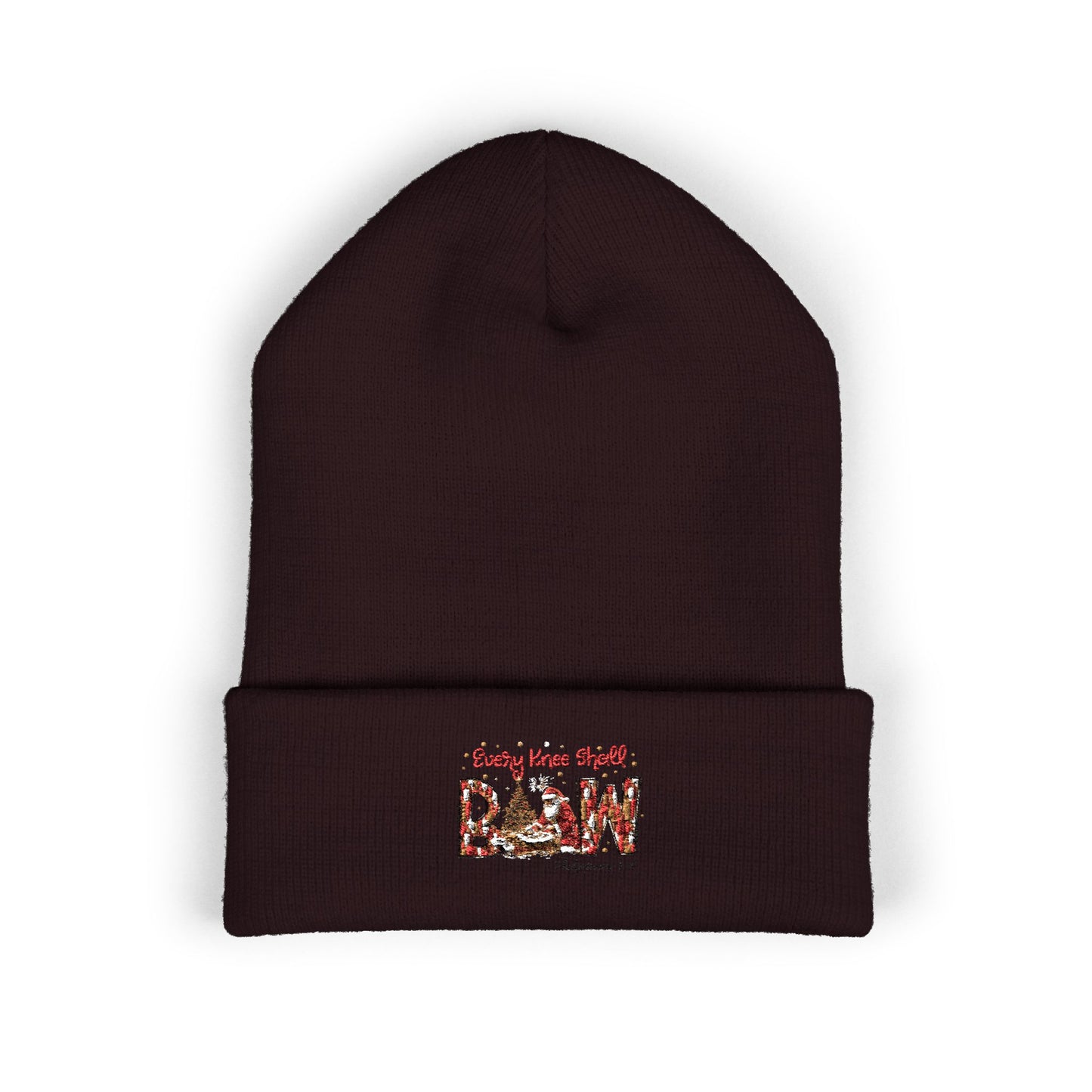 Every Knee Shall Bow Philippians 2:10 | Christian Christmas Design with Santa & Baby Jesus | Faith-Based Holiday Gift Cuffed Beanie
