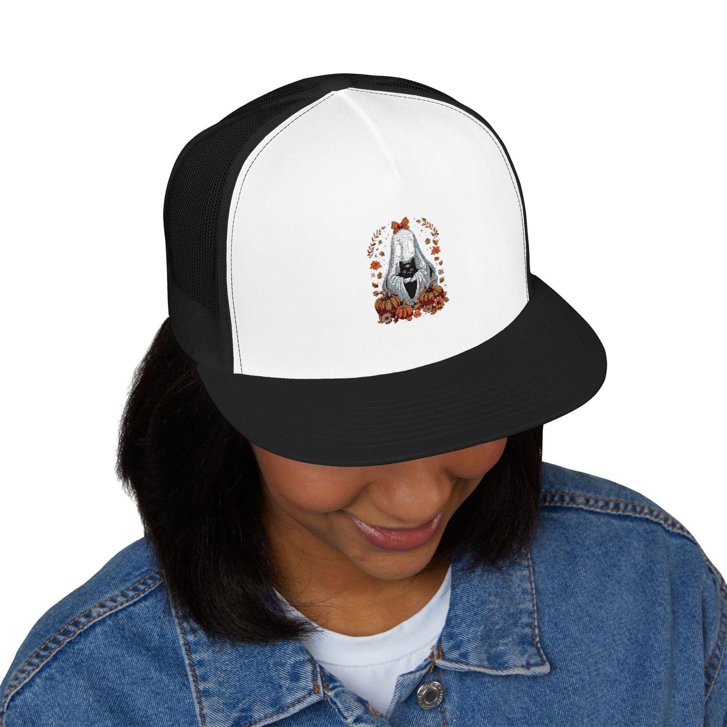 Cute Ghost and Black Cat Halloween T-Shirt | Cozy Fall Pumpkin Shirt | Spooky Season Aesthetic Apparel Gift for Halloween Lovers 5 Panel Trucker