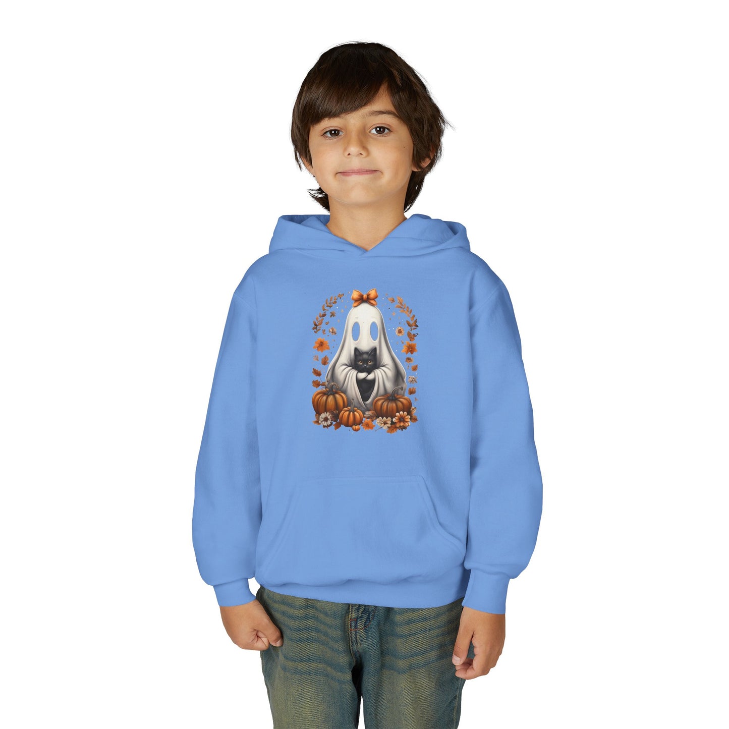 Cute Ghost and Black Cat Halloween T-Shirt | Cozy Fall Pumpkin Shirt | Spooky Season Aesthetic Apparel Gift for Halloween Lovers Kids Hoodie
