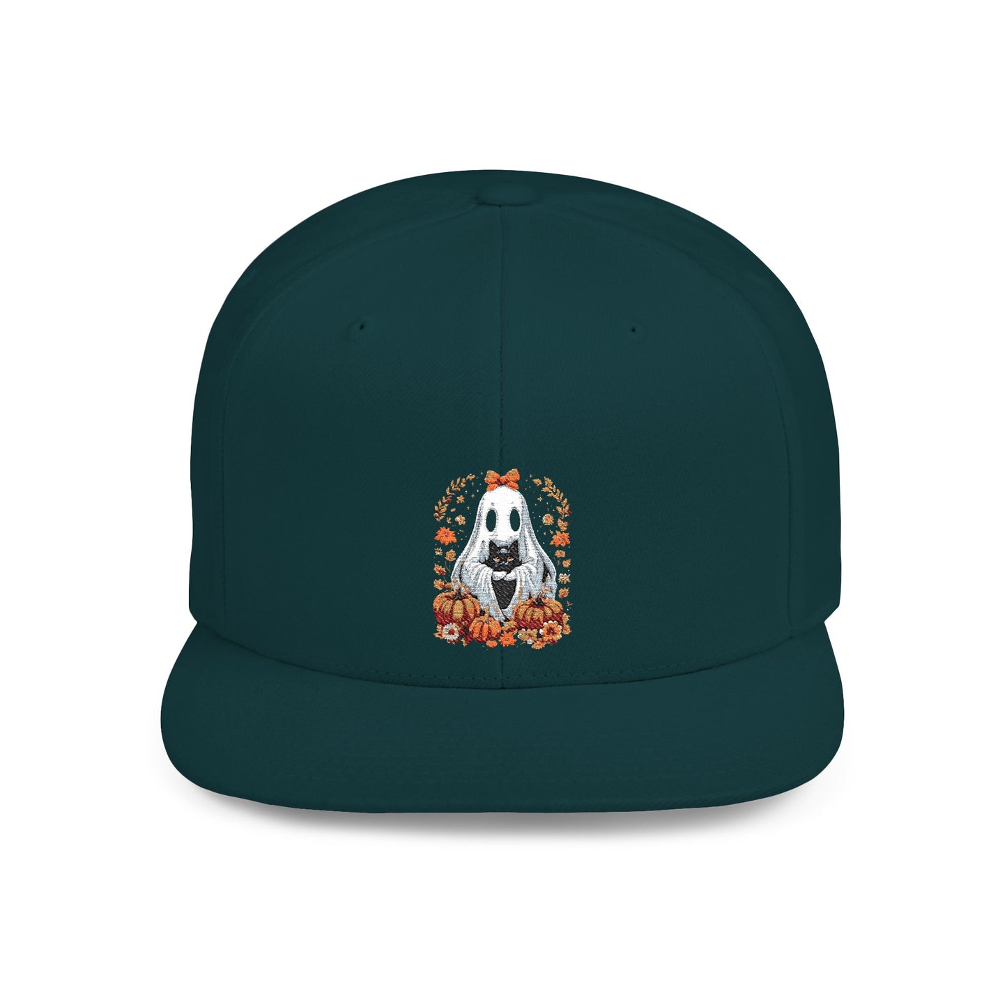 Cute Ghost and Black Cat Halloween T-Shirt | Cozy Fall Pumpkin Shirt | Spooky Season Aesthetic Apparel Gift for Halloween Lovers Snapback Cap