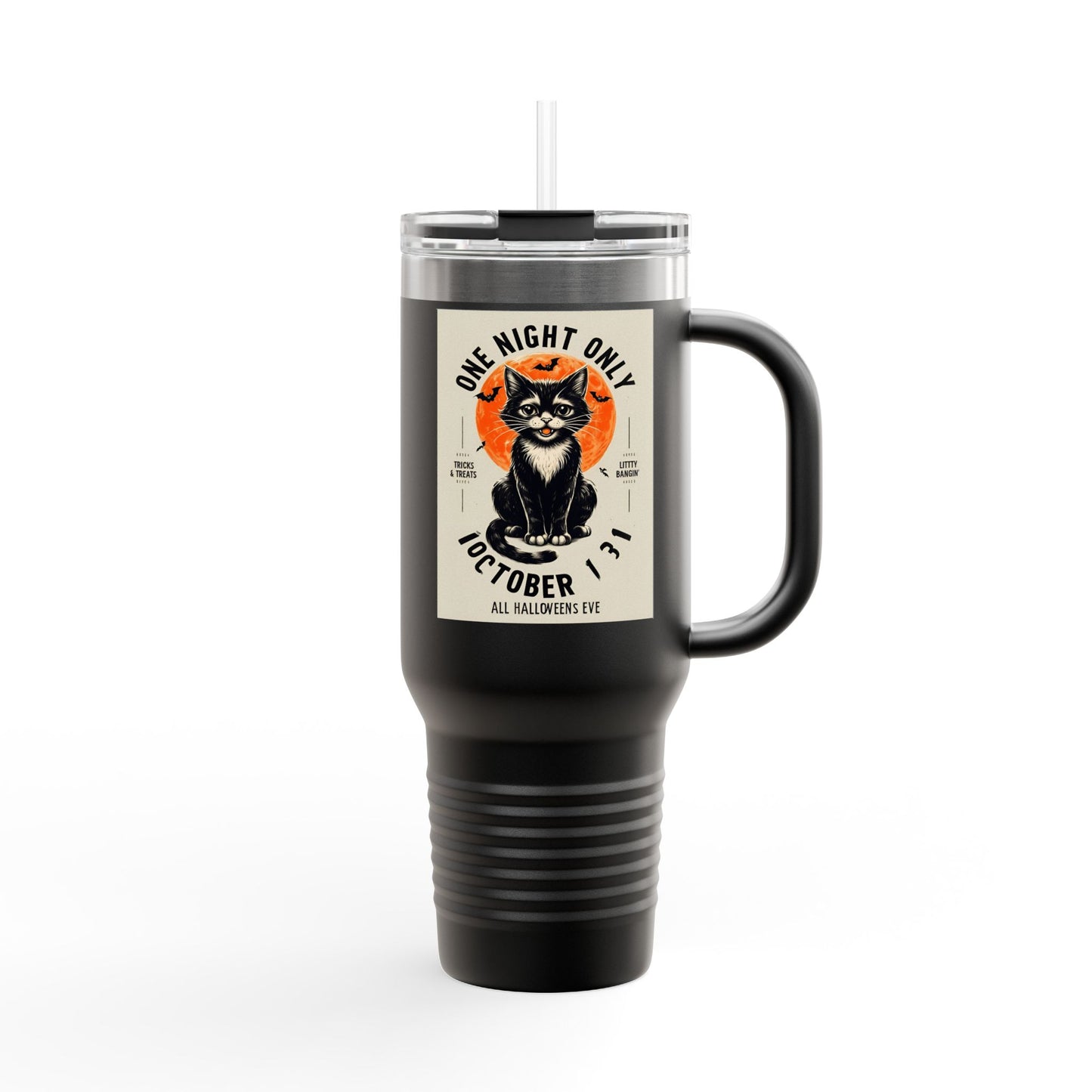 Halloween Black Cat Design | One Night Only October 31 Vintage Artwork Travel Mug