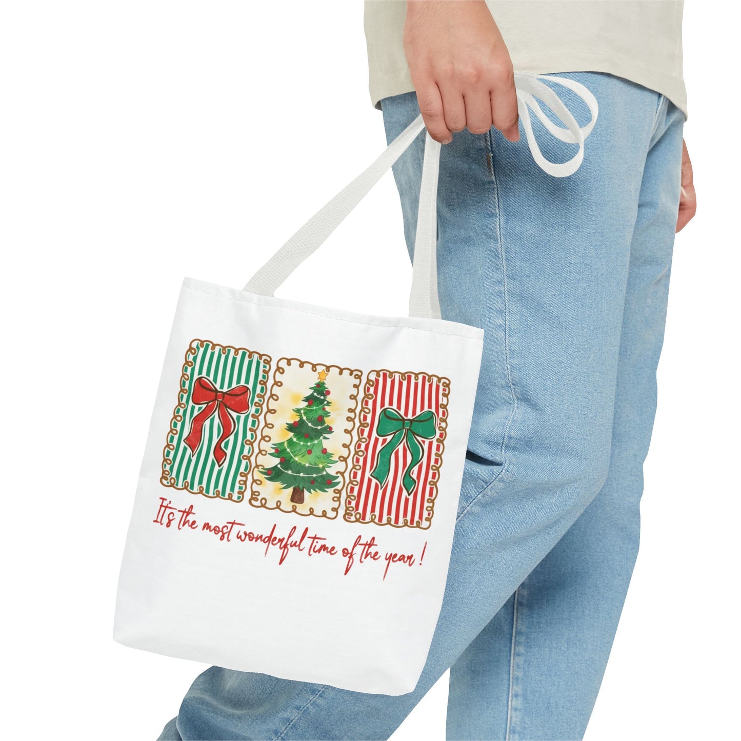 Festive Christmas Tree & Bow Design | It’s the Most Wonderful Time of the Year – Holiday Shirt, Mug, Tote & Home Decor Tote Bags