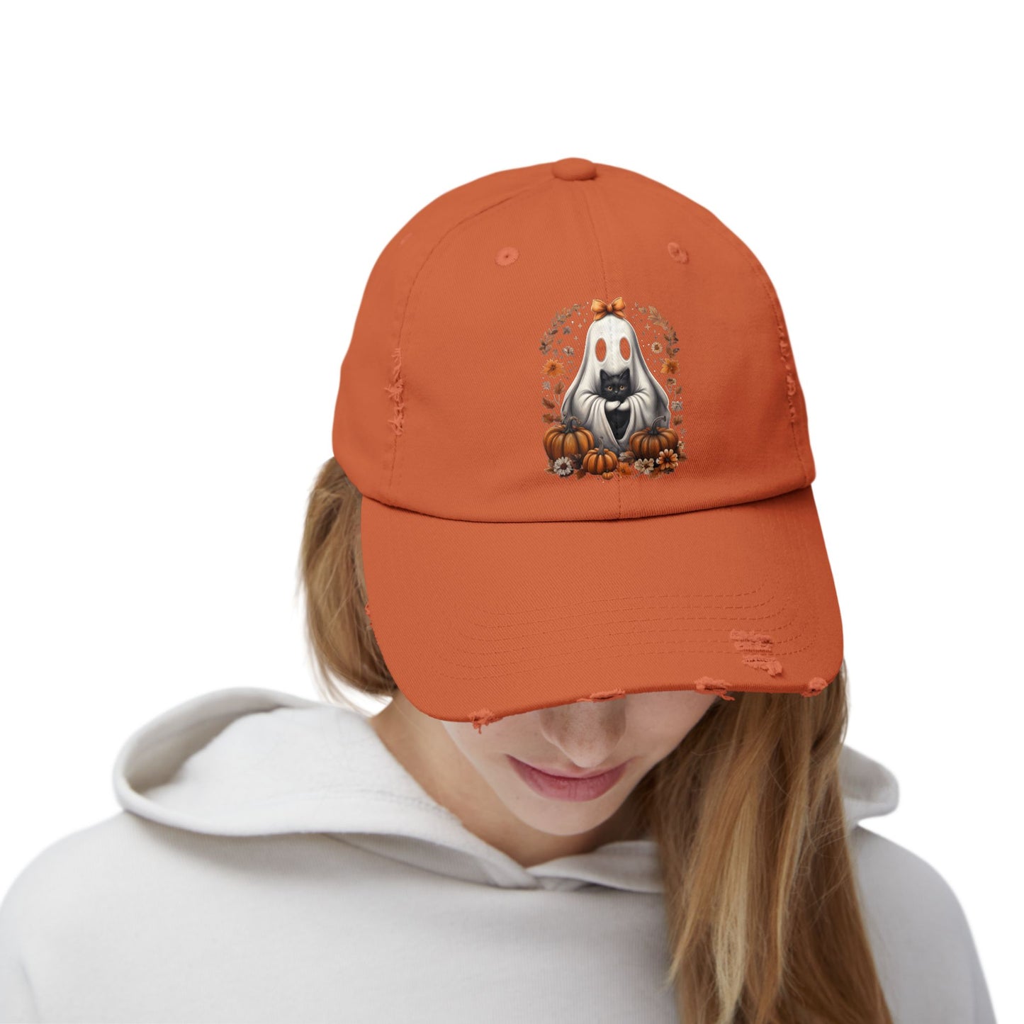 Cute Ghost and Black Cat Halloween T-Shirt | Cozy Fall Pumpkin Shirt | Spooky Season Aesthetic Apparel Gift for Halloween Lovers Distressed cap