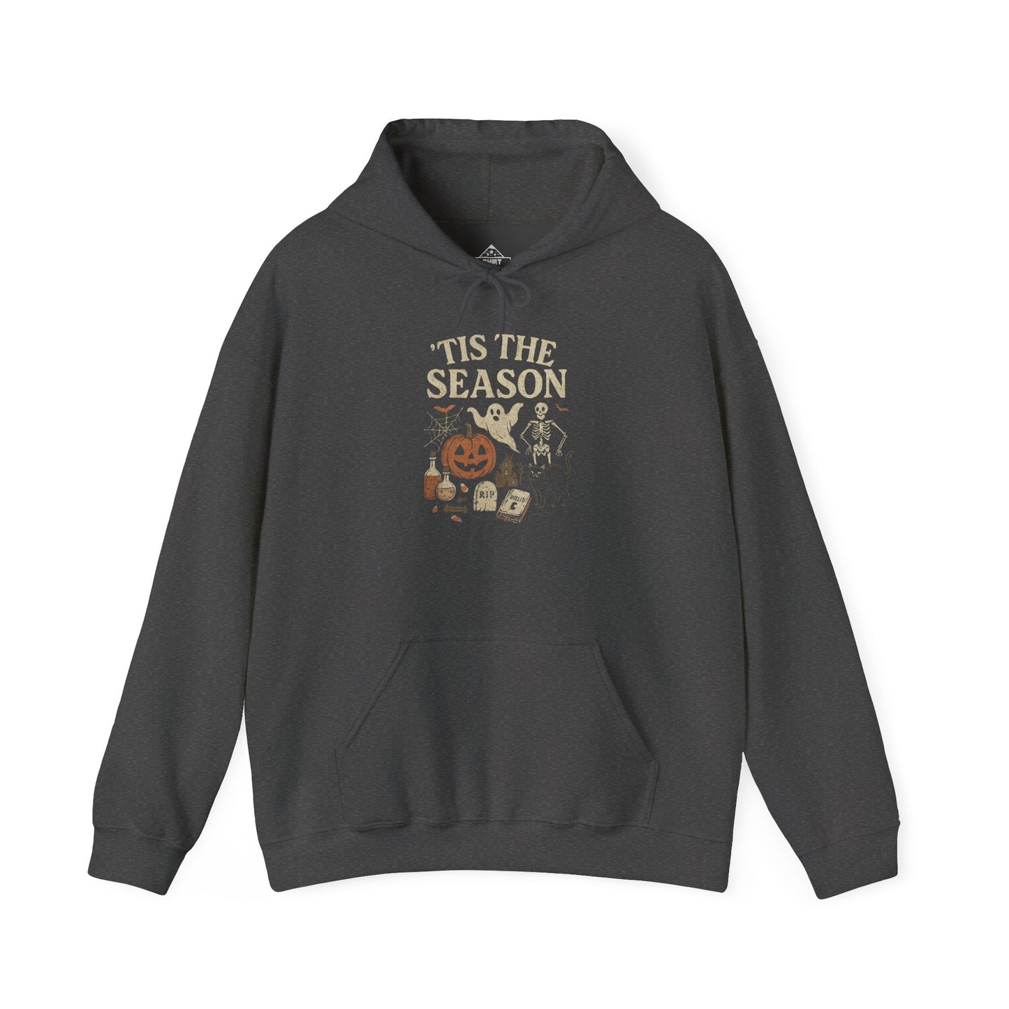 ‘Tis the Season Halloween T‑Shirt | Vintage Spooky Season Shirt with Ghost, Skeleton & Pumpkin | Retro Halloween Graphic Tee for Fall