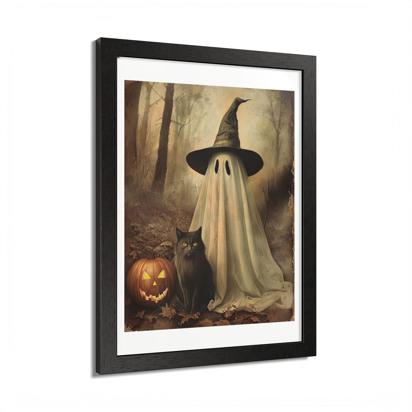 Halloween Framed Poster, Ghost and Cat Art, Spooky Home Decor, Fall Decoration, Trick or Treat, Halloween Wall Art, Framed Print