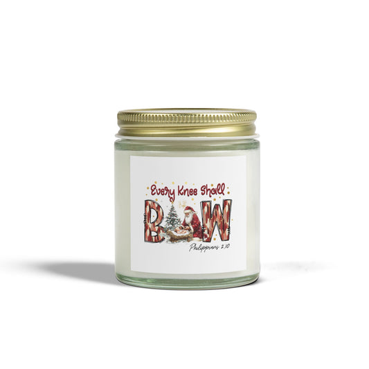 Every Knee Shall Bow Philippians 2:10 | Christian Christmas Design with Santa & Baby Jesus | Faith-Based Holiday Gift Candle