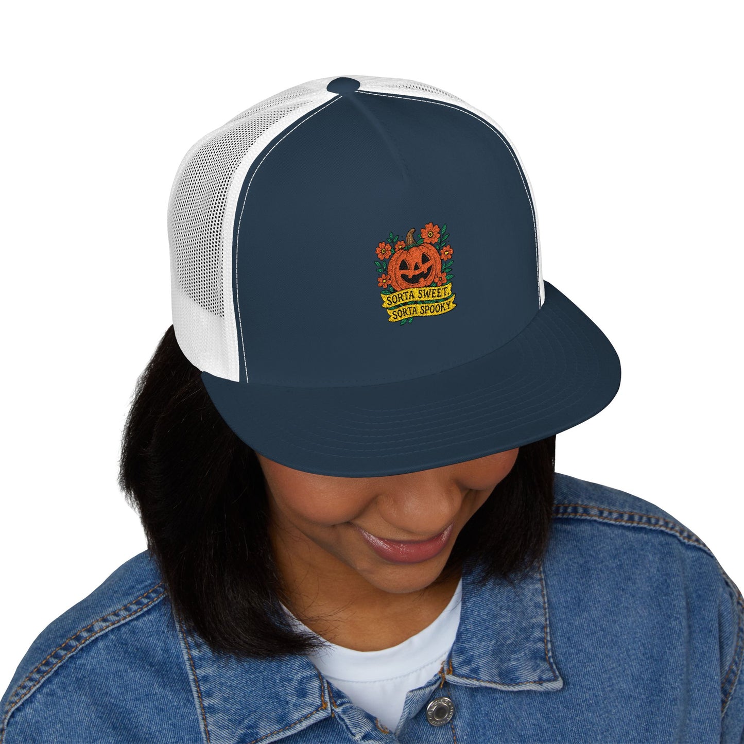 Cute Pumpkin Design – Sorta Sweet, Sorta Spooky Halloween Artwork 5 Panel Trucker