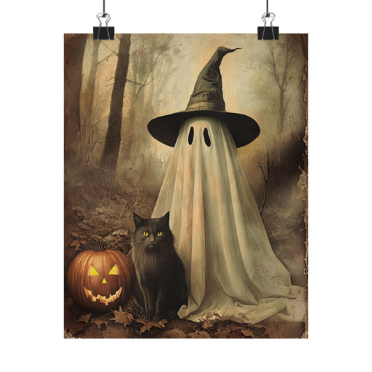 Halloween Ghost and Cat Matte Vertical Posters, Spooky Home Decor, Fall Art Print, Seasonal Wall Art, Halloween Decor, Poster