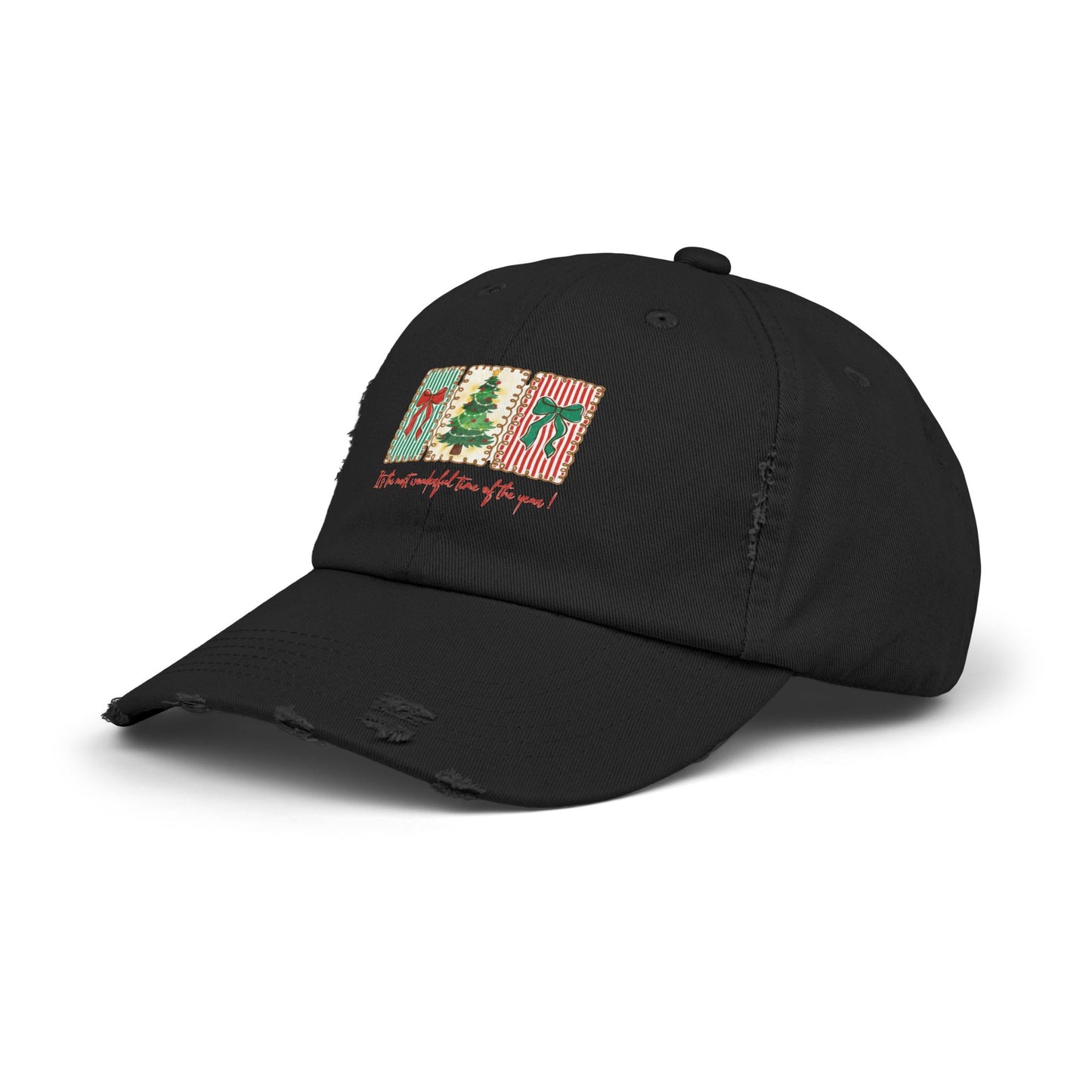 Festive Christmas Tree & Bow Design | It’s the Most Wonderful Time of the Year – Holiday Shirt, Mug, Tote & Home Decor Distressed cap