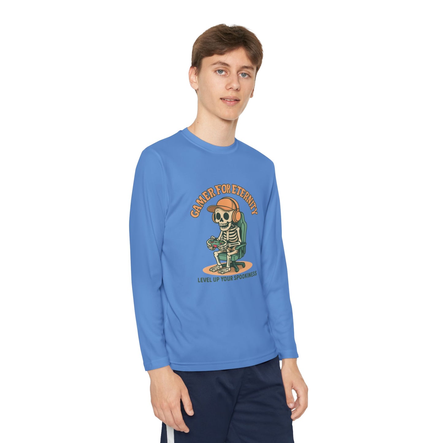 Youth Long Sleeve Gamer Tee | Spooky Skeleton Theme, Perfect for Halloween or Gaming Events, Kids Graphic Shirt, Unisex Casual Wear, Kids Long Sleeves