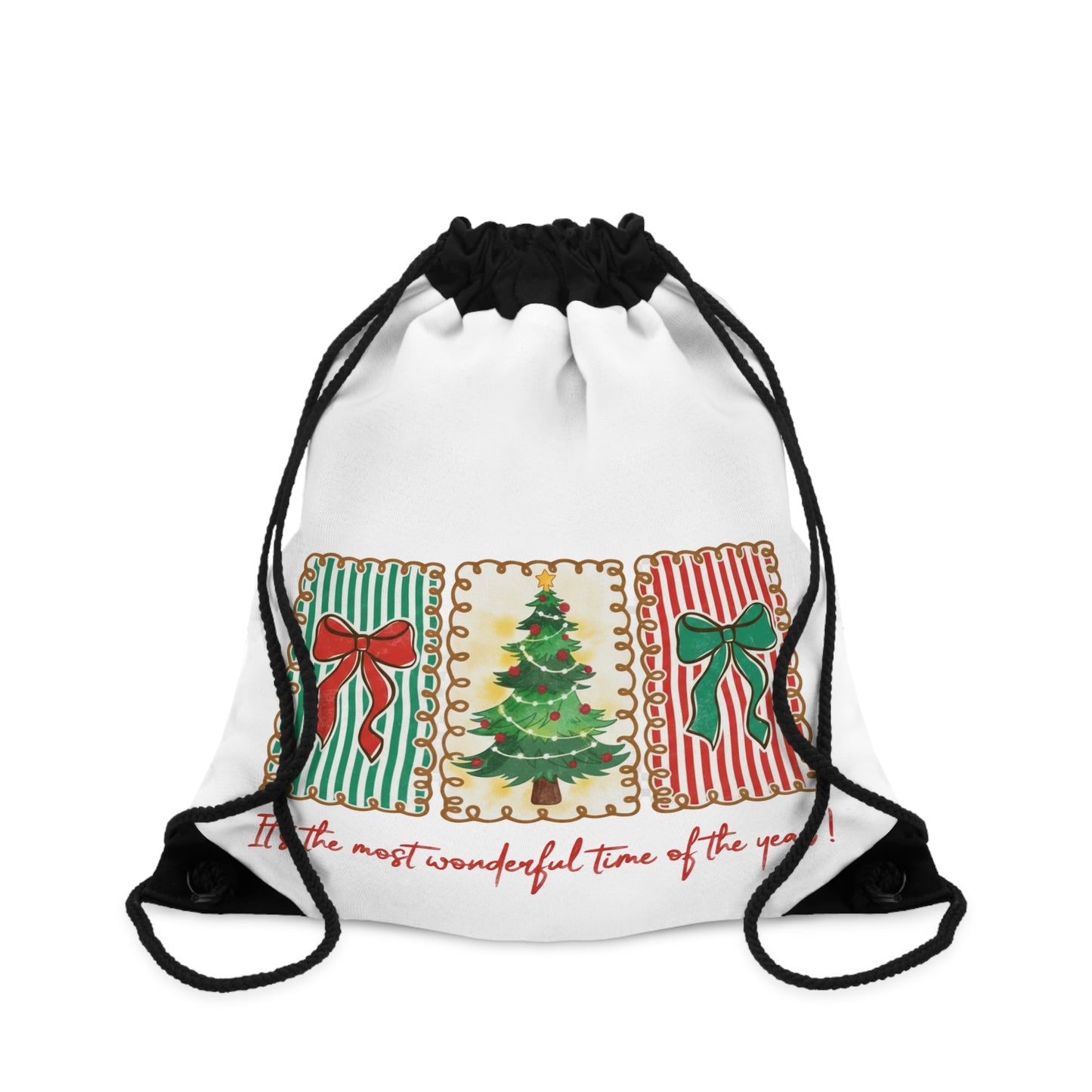 Festive Christmas Tree & Bow Design | It’s the Most Wonderful Time of the Year – Holiday Shirt, Mug, Tote & Home Decor Drawstring Bags