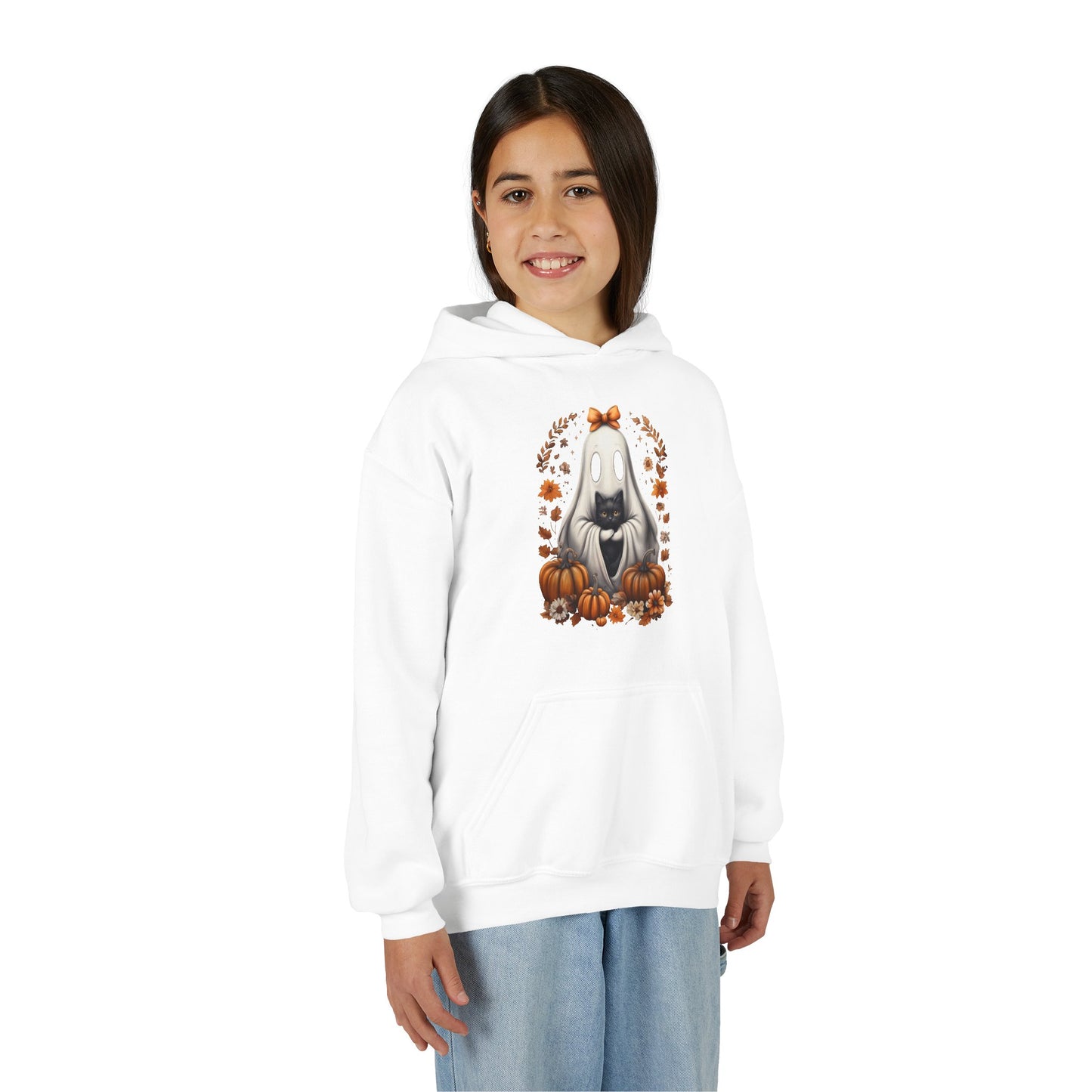 Cute Ghost and Black Cat Halloween T-Shirt | Cozy Fall Pumpkin Shirt | Spooky Season Aesthetic Apparel Gift for Halloween Lovers Kids Hoodie