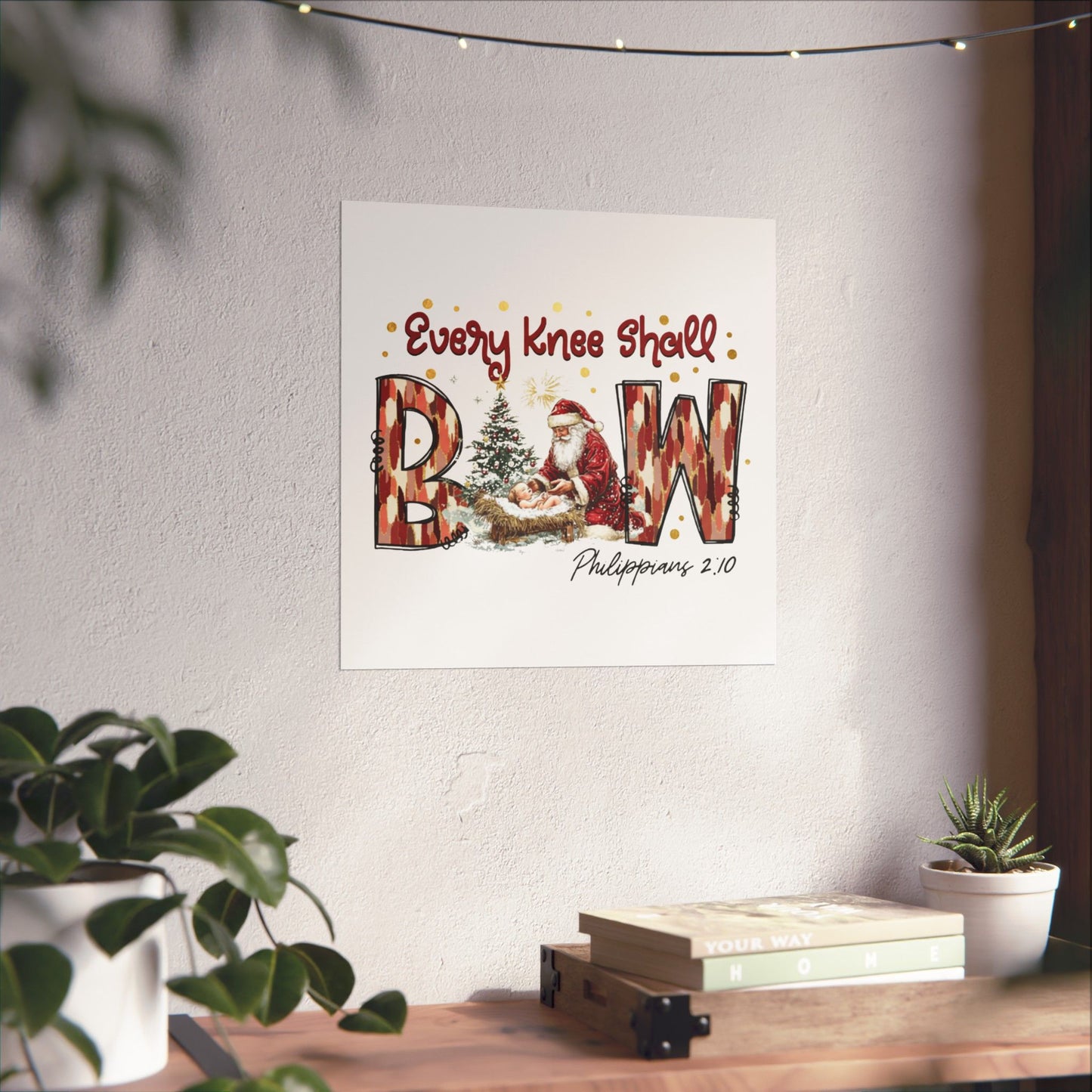 Every Knee Shall Bow Philippians 2:10 | Christian Christmas Design with Santa & Baby Jesus | Faith-Based Holiday Gift Poster